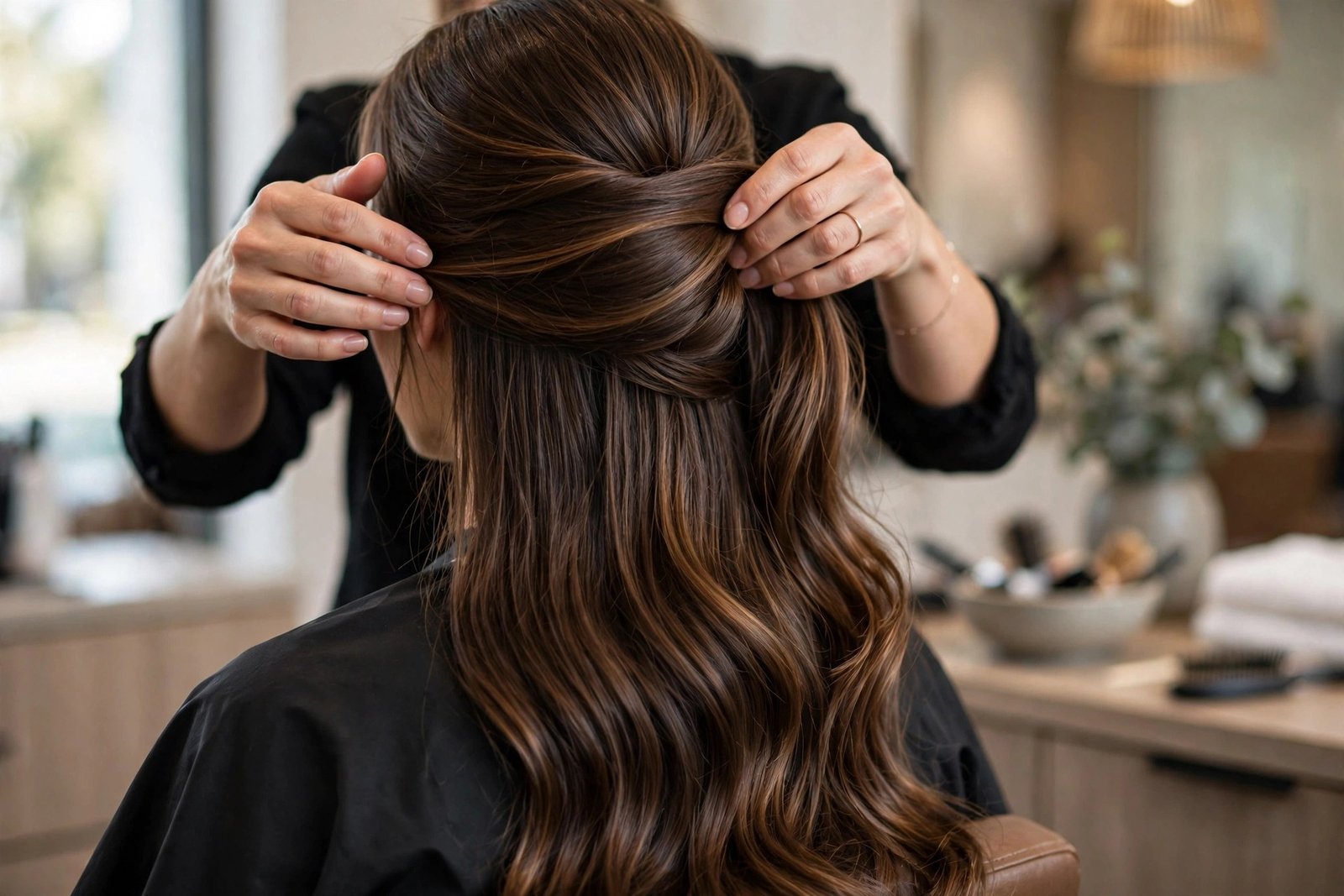 Stylist hands preparing woman's hair for a braided bun, smoothing hair back with product, salon preparation scene, premi