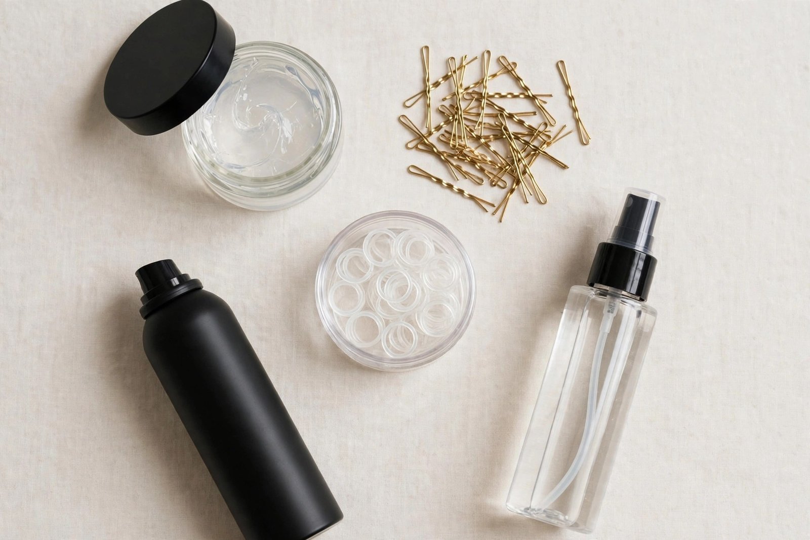 Braided bun styling products flat lay - gel, edge control, bobby pins, clear elastics, hairspray, shine spray on clean b