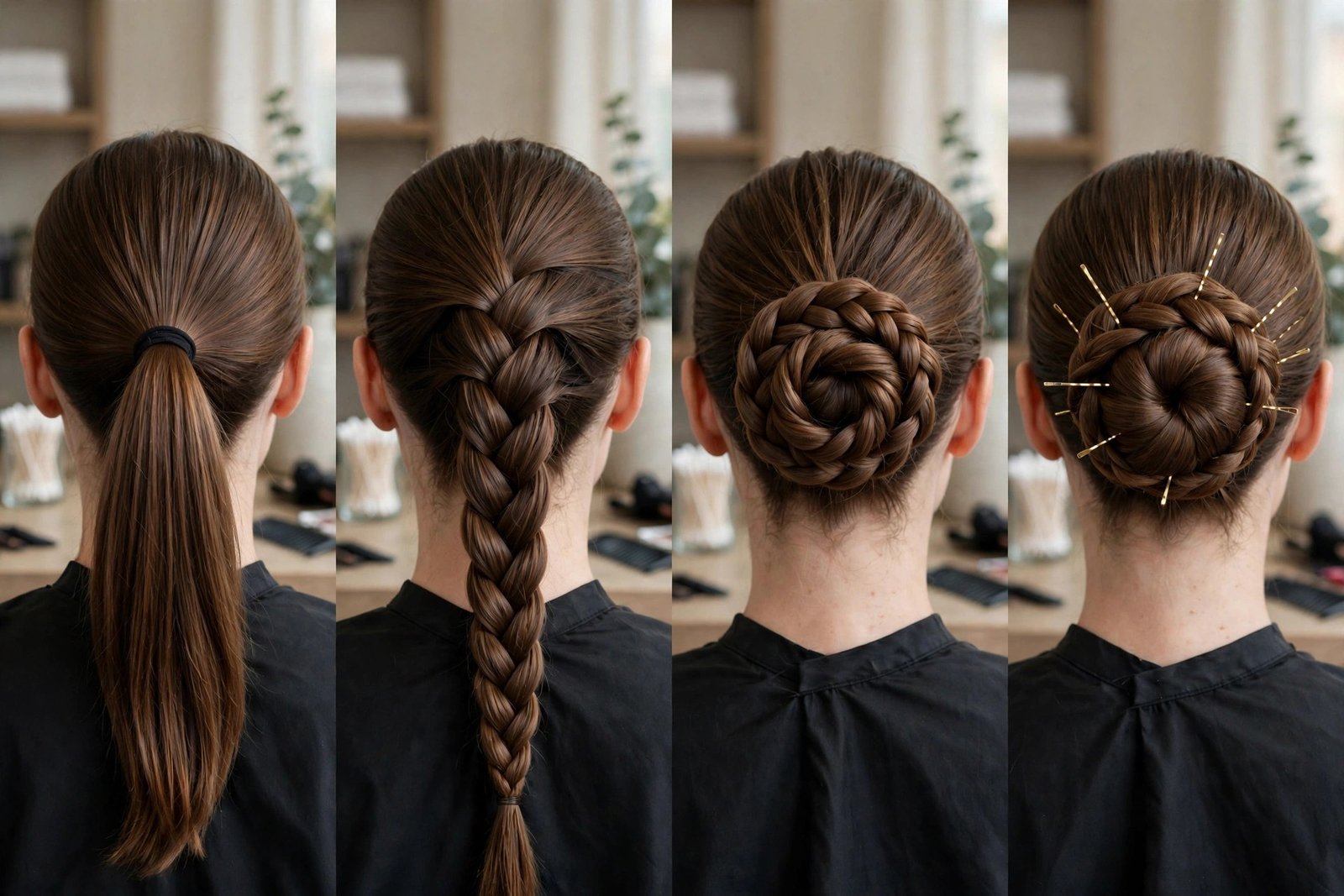 Step-by-step visual of creating a classic sculpted braided bun - ponytail, braiding, coiling, pinning stages, salon tuto