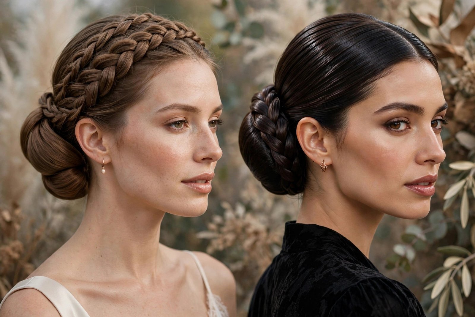 Bridal braided crown with sculpted low bun, holiday lacquered chignon with braid detail - elegant formal photography, ha