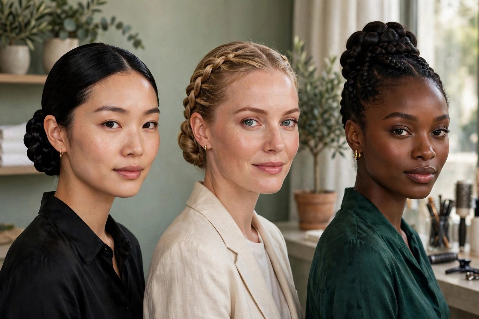Three classic lacquered braided buns - low coiled, French braid into low bun, high ballerina - elegant salon photography