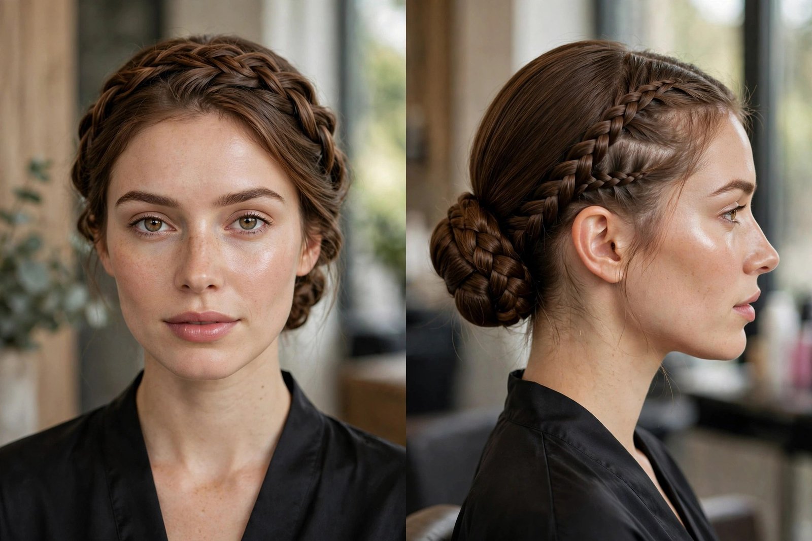 Braided crown flowing into low bun, Dutch-braid sides into sleek bun, fishtail braided bun - front and side views, premi