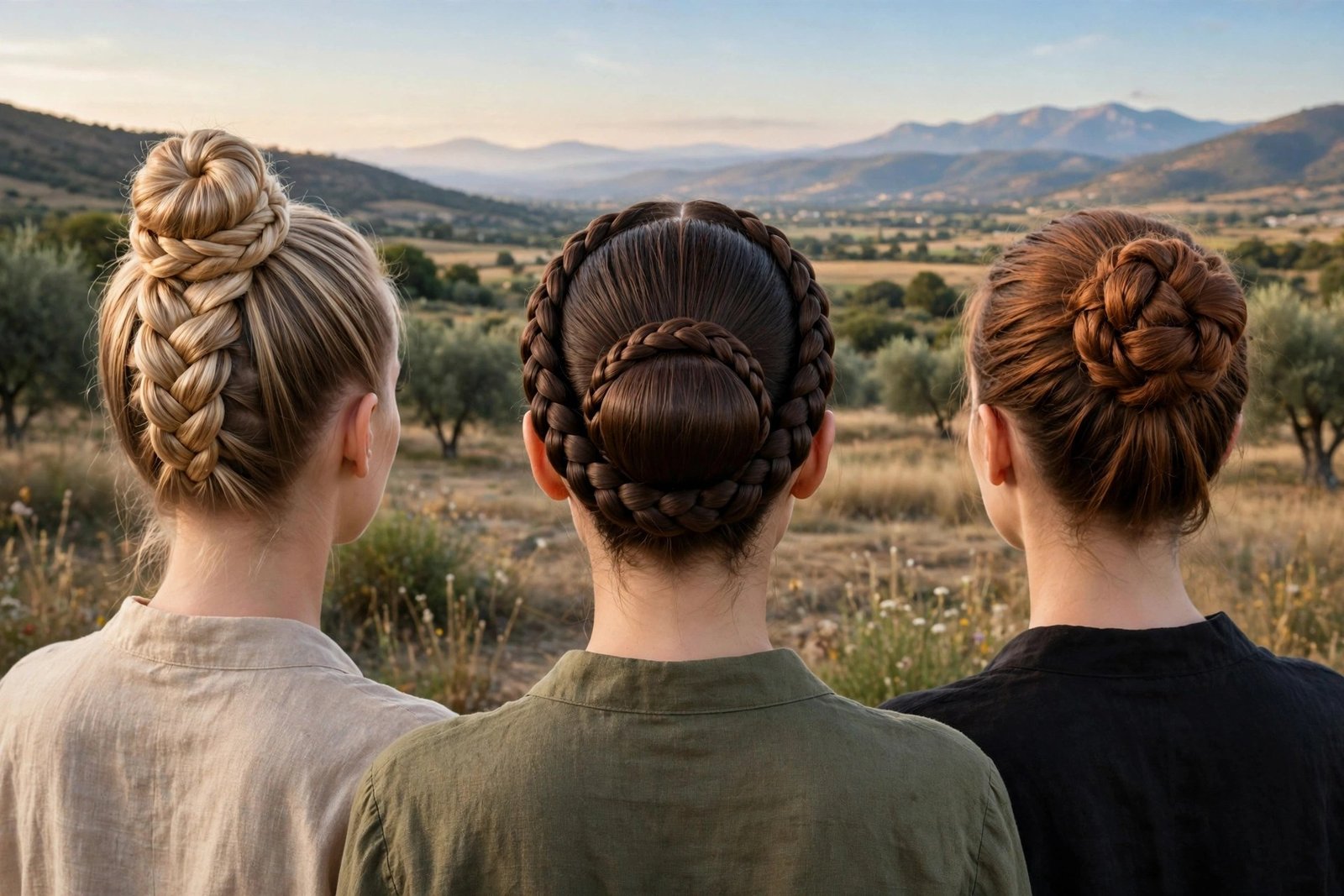 High fishtail wrapped top knot, braid-framed smooth bun, knotted braid bun - back views, premium salon photography, hair