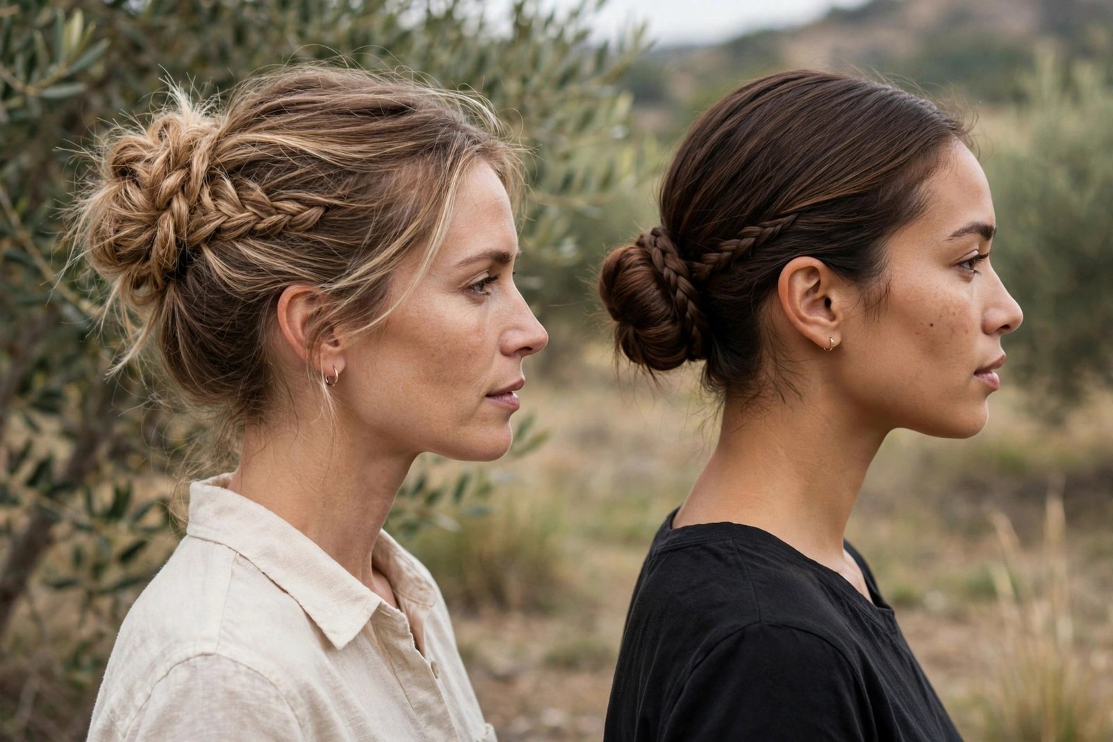 Soft textured daytime braided bun and minimalist single-braid wrap bun - natural light, modern clean photography