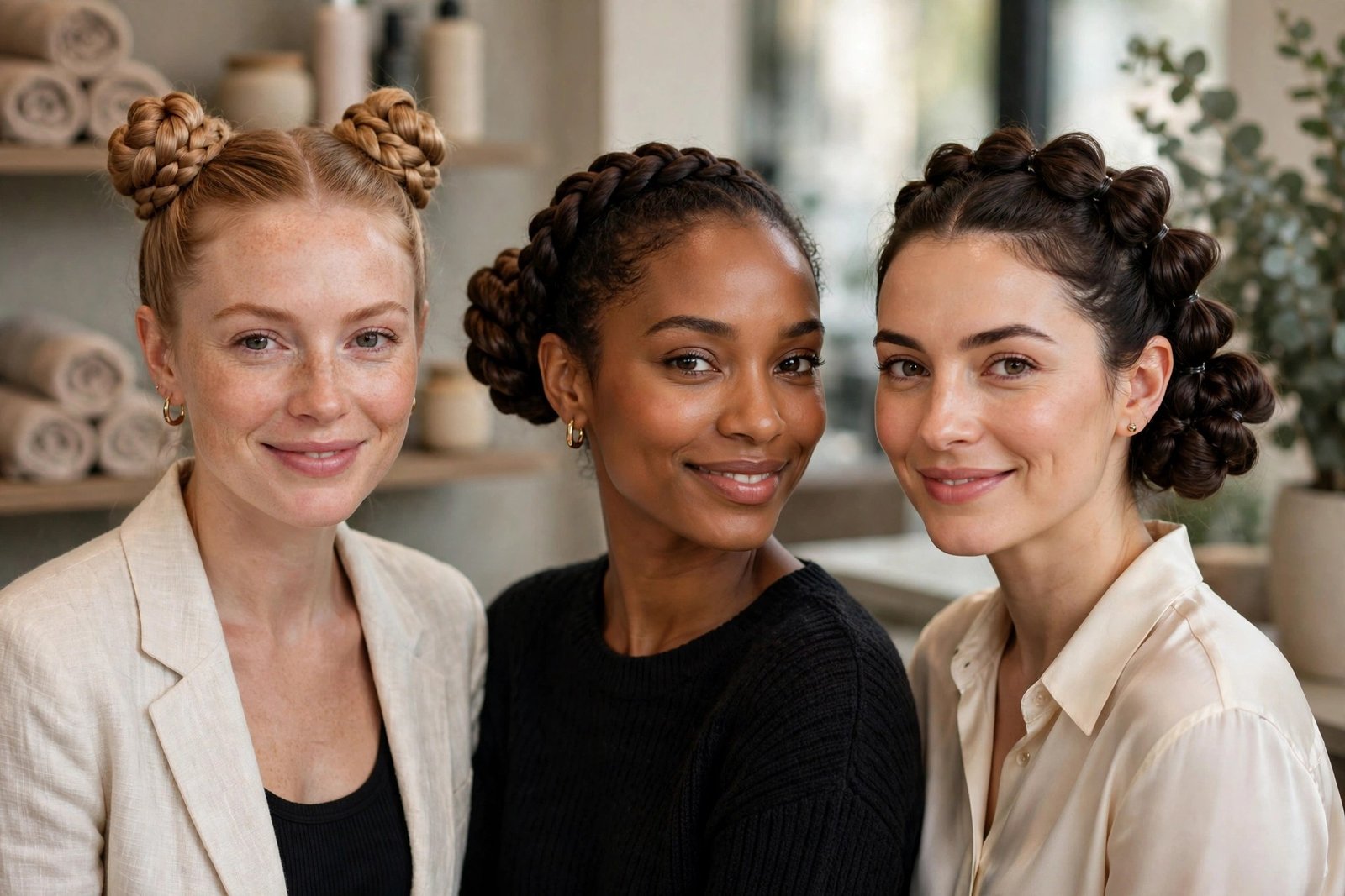 Braided space-bun pair, twisted rope-braid bun, bubble-braid into bun - playful polished styles, premium salon photograp