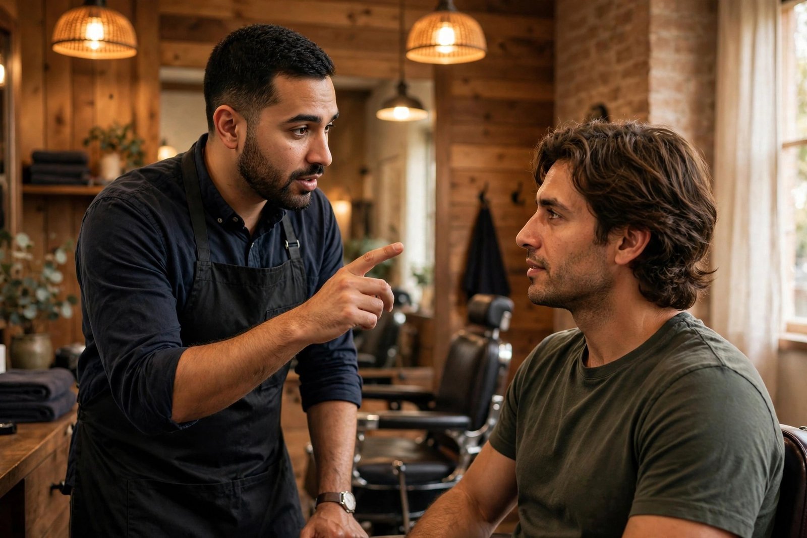 Barber consulting with a male client about a bro flow haircut in a barbershop, gesturing at the client's medium-length h