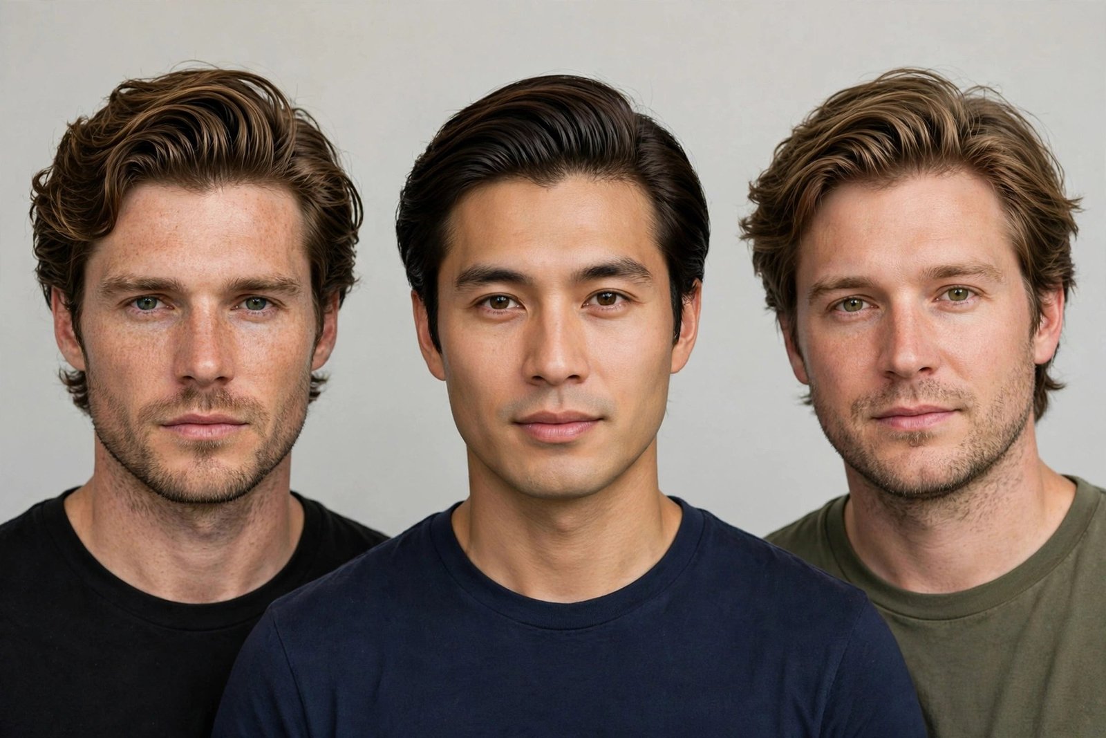 Educational barbershop-style photo showing the bro flow on different face shapes, three men side by side