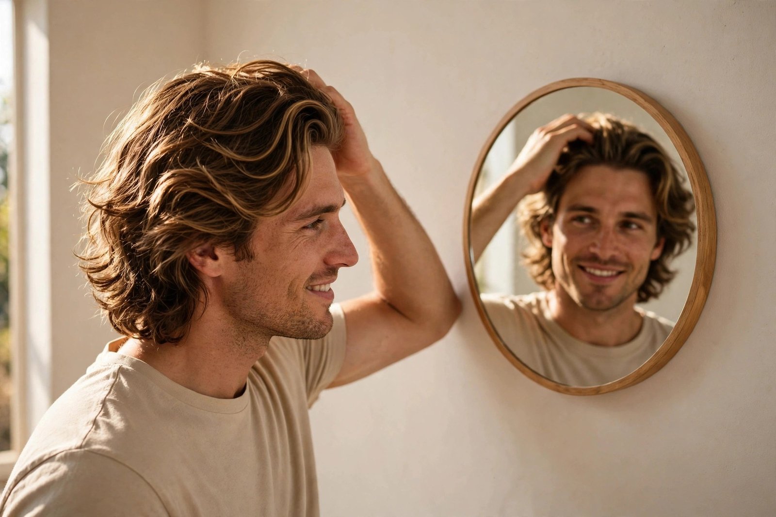 Man checking his finished bro flow in a mirror, satisfied expression, FAQ lifestyle photo