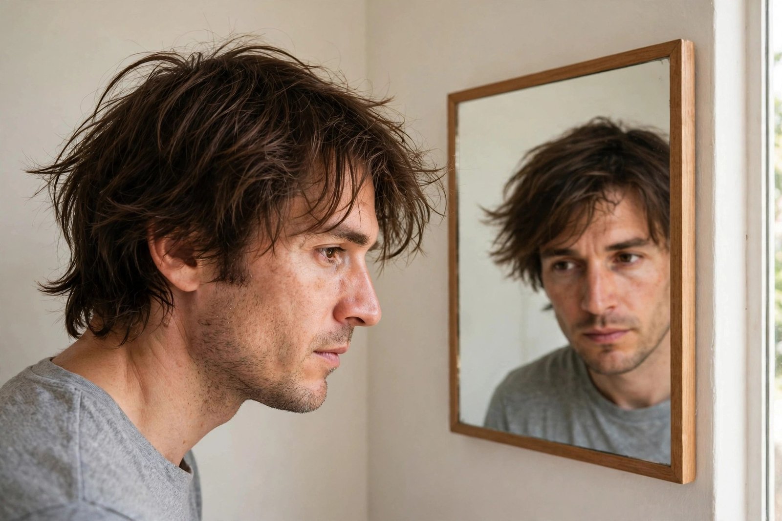 Man at the awkward medium-length grow-out stage checking his hair in a mirror, relatable grooming photography