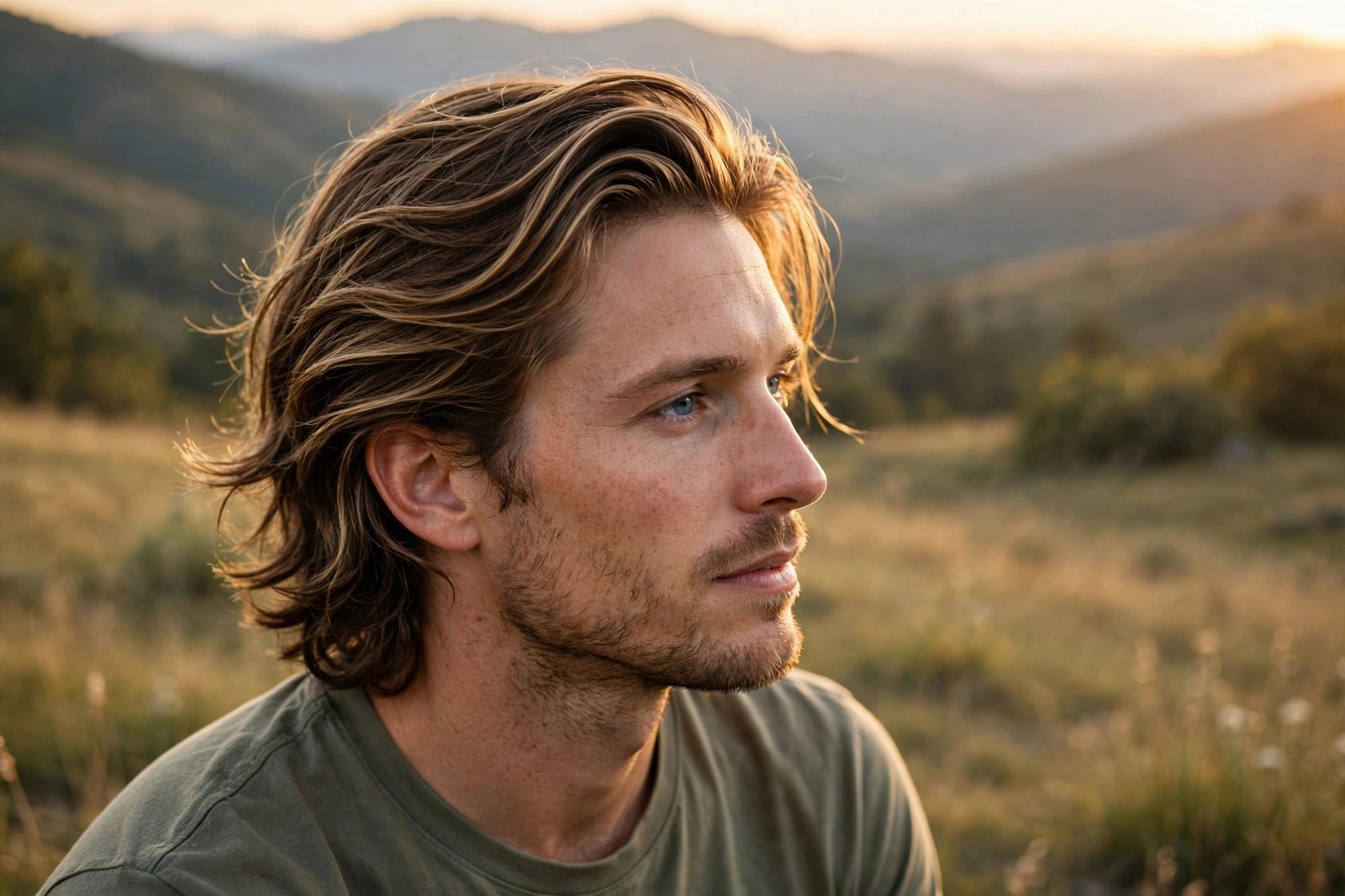 Bro flow with sun-kissed balayage highlights adding dimension to the swept-back hair, warm light showing color depth