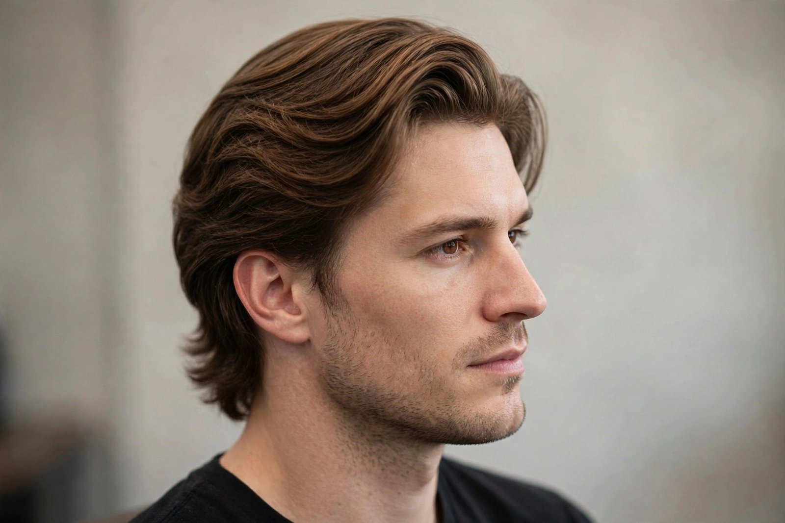 Bro flow with a subtle low taper on the sides, swept-back top with clean blended sides, three-quarter view, barbershop p