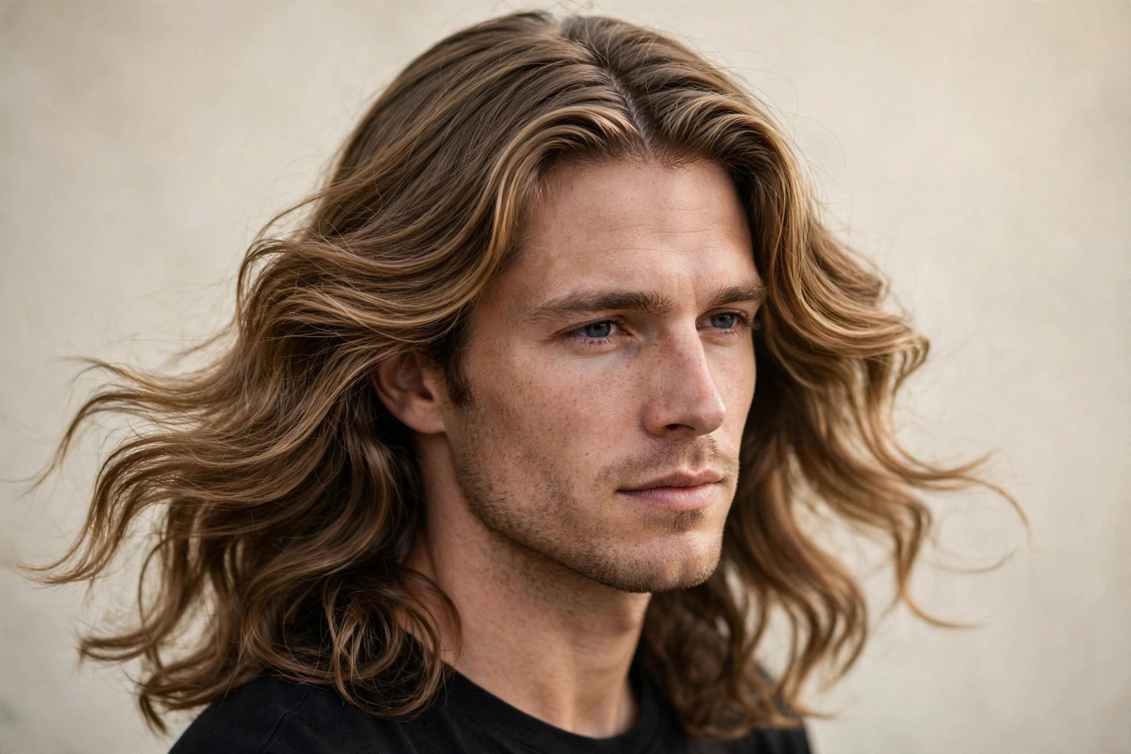 Bro flow with a defined middle part, hair flowing back on both sides, front three-quarter view, premium photography