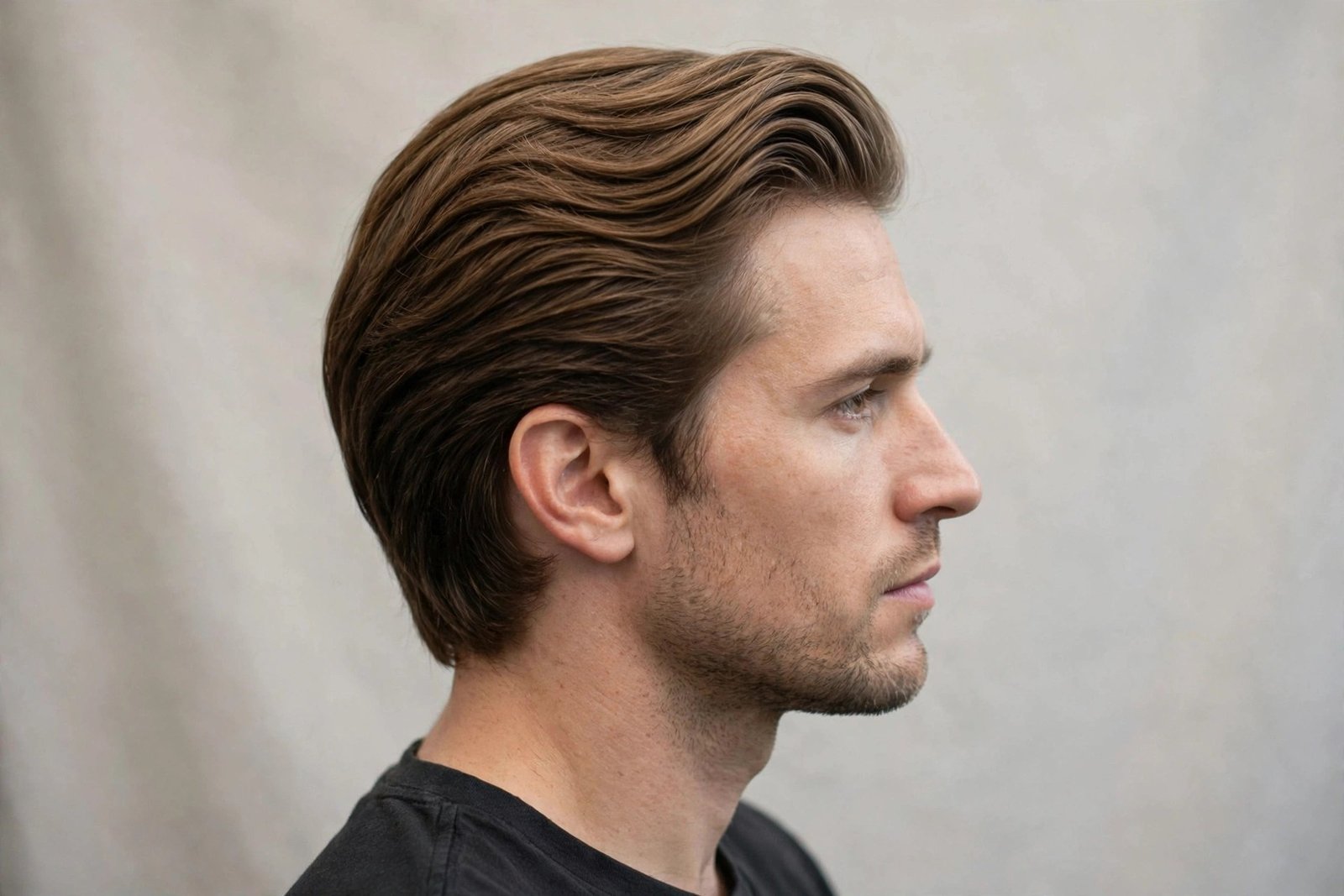 Classic bro flow, clean side profile showing medium-length hair swept straight back, premium barbershop photography