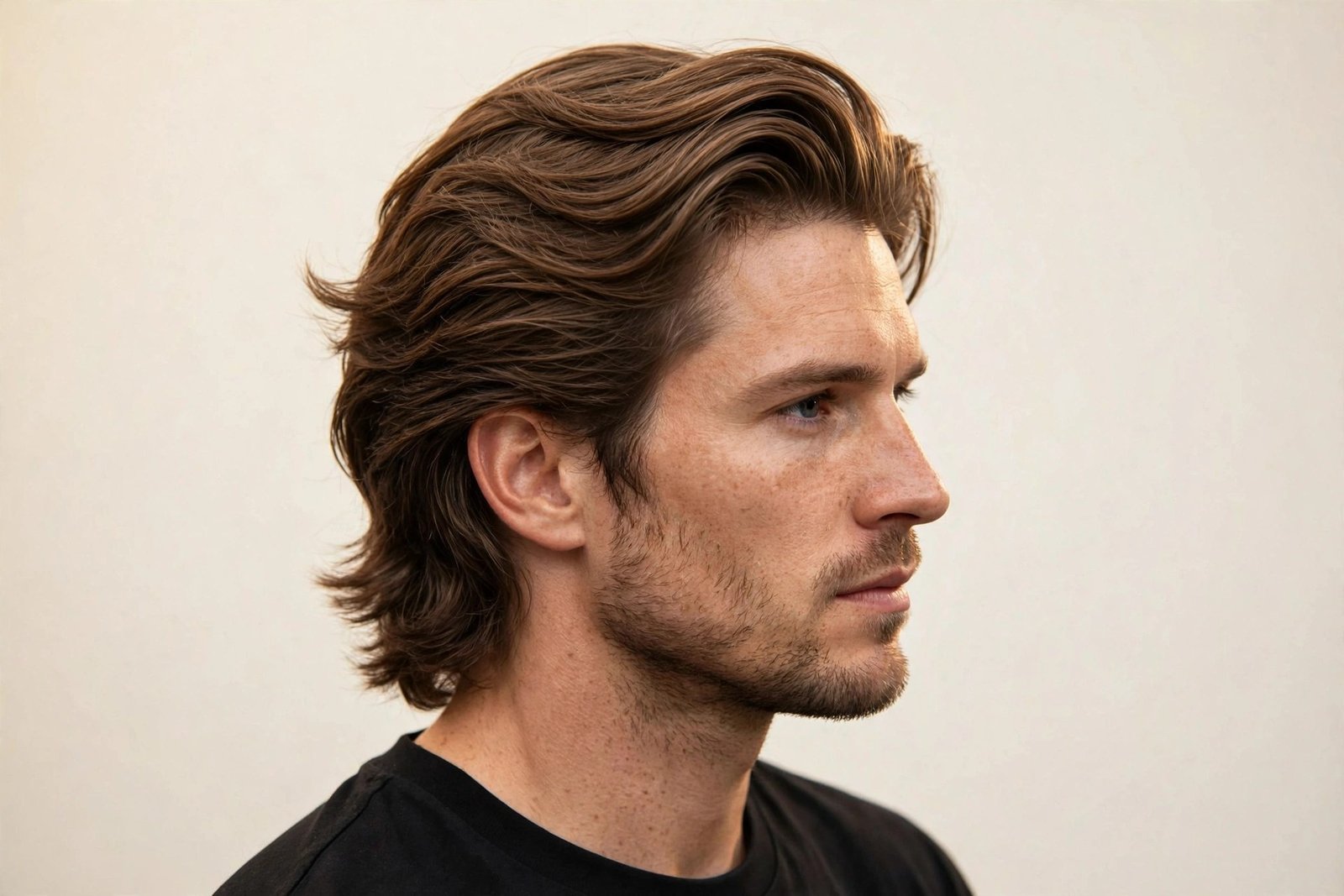 Hero shot of a man with a classic medium-length bro flow swept back off the face, hair clearly the hero, three-quarter a