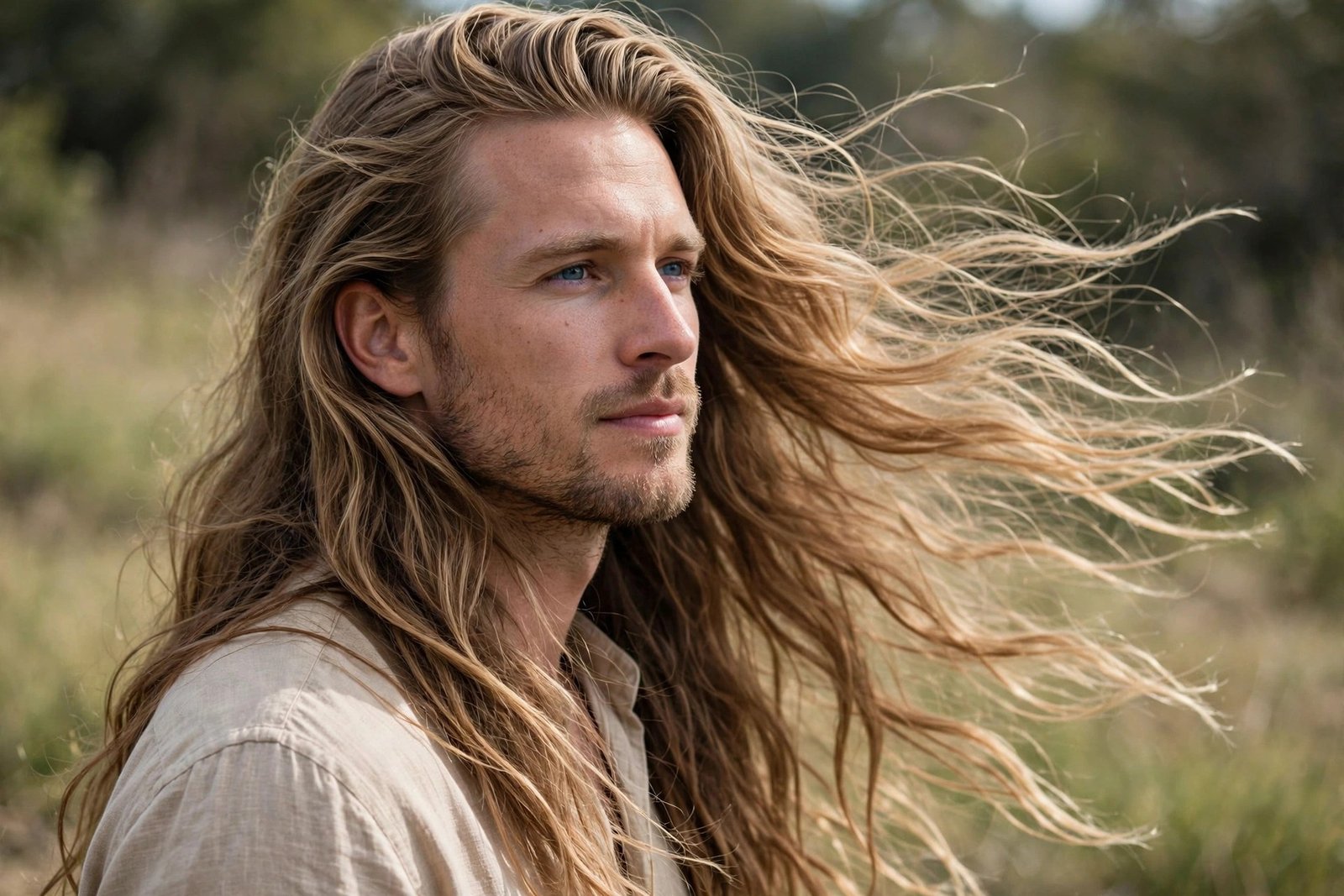 Long bro flow at shoulder-grazing length swept back, showing full flowing length, outdoor natural light, premium lifesty