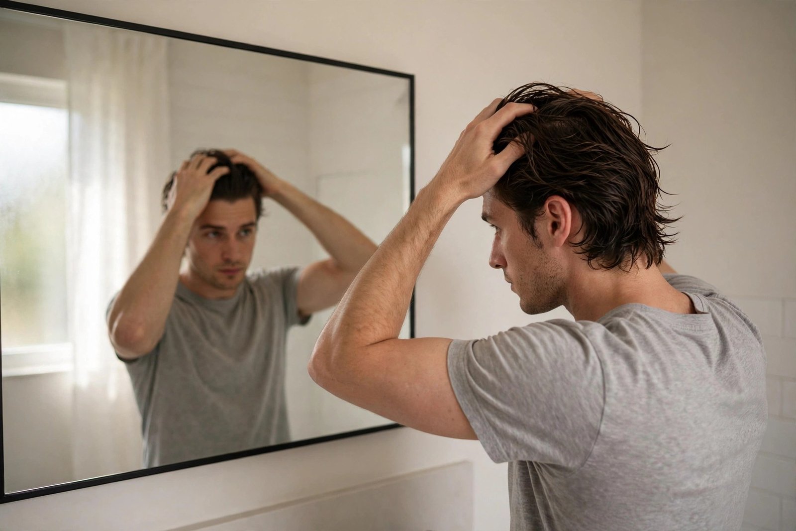 Man styling his bro flow at home in front of a mirror, sea salt spray bottle and fingers through swept-back hair