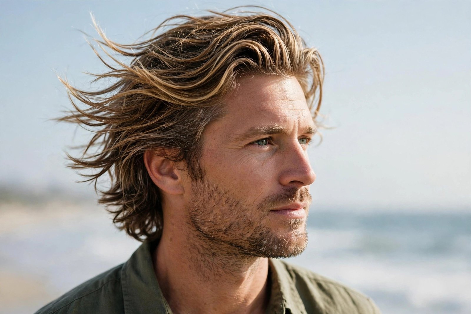 Surfer-style bro flow with beachy texture, windblown swept-back hair, man outdoors near the coast, natural sunlight