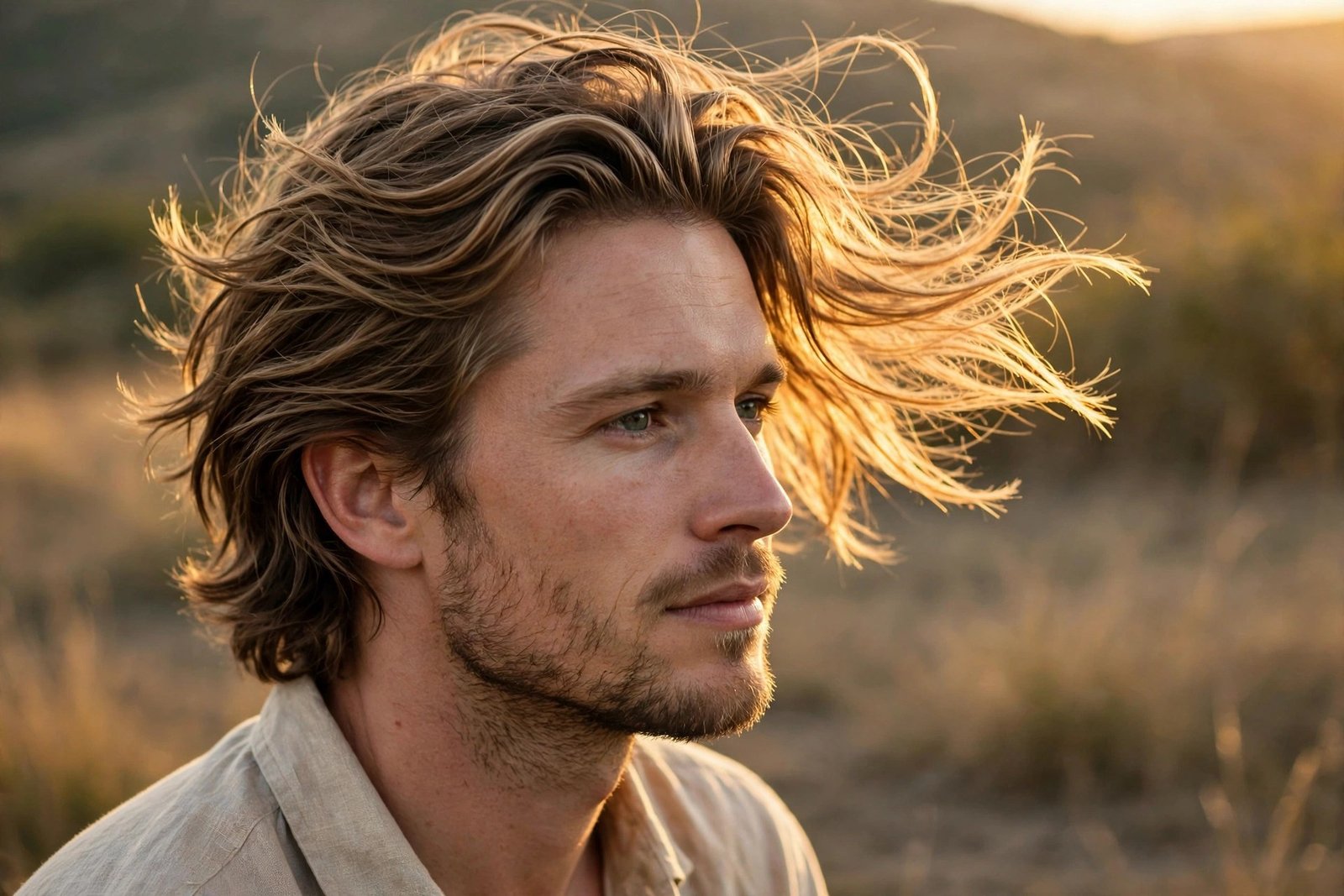 Man with medium-length swept-back bro flow showing natural hair movement and texture, outdoor golden hour light, hair cl