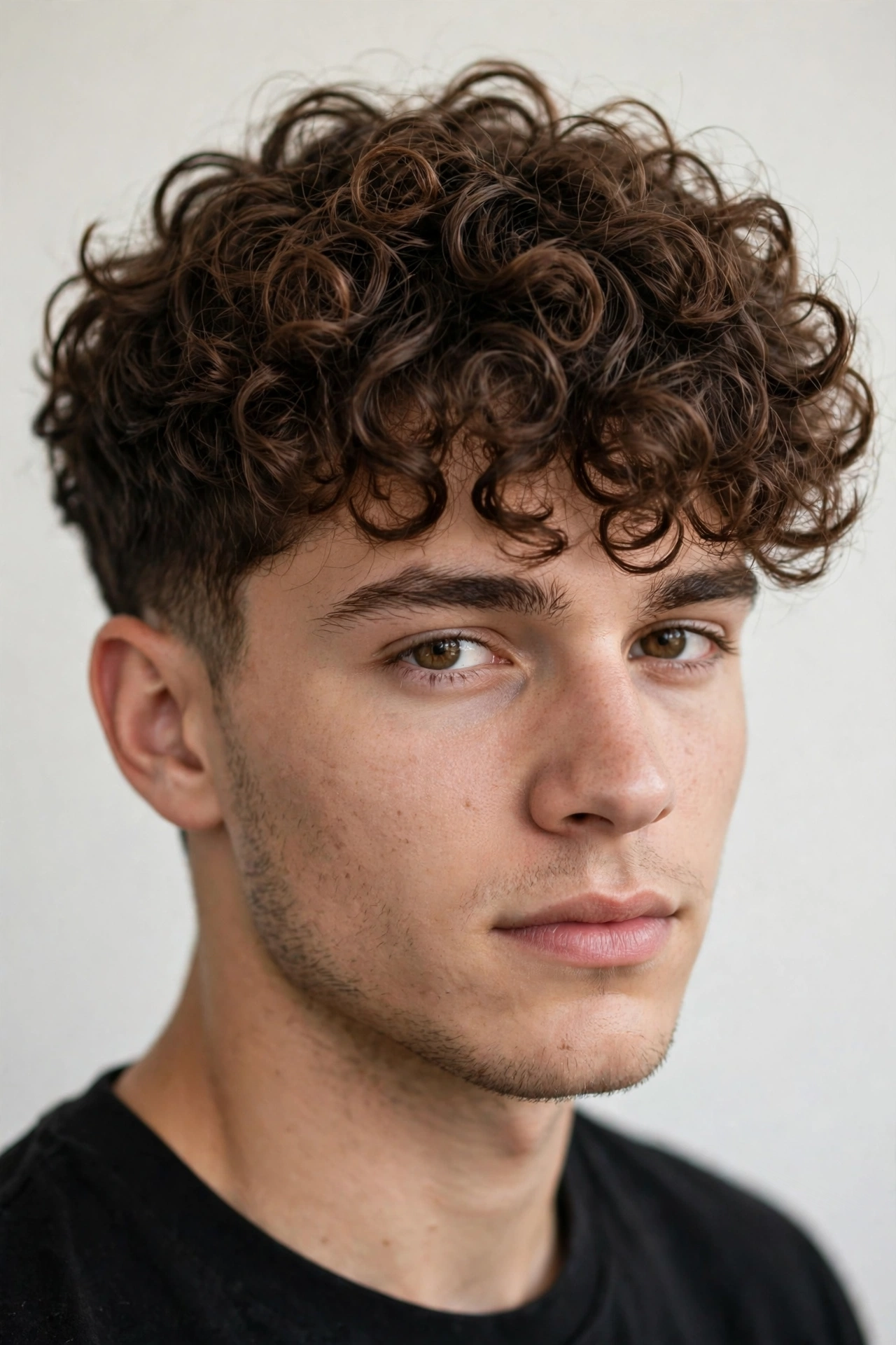 three-quarter portrait of a young man with a well-shaped broccoli cut framing his face