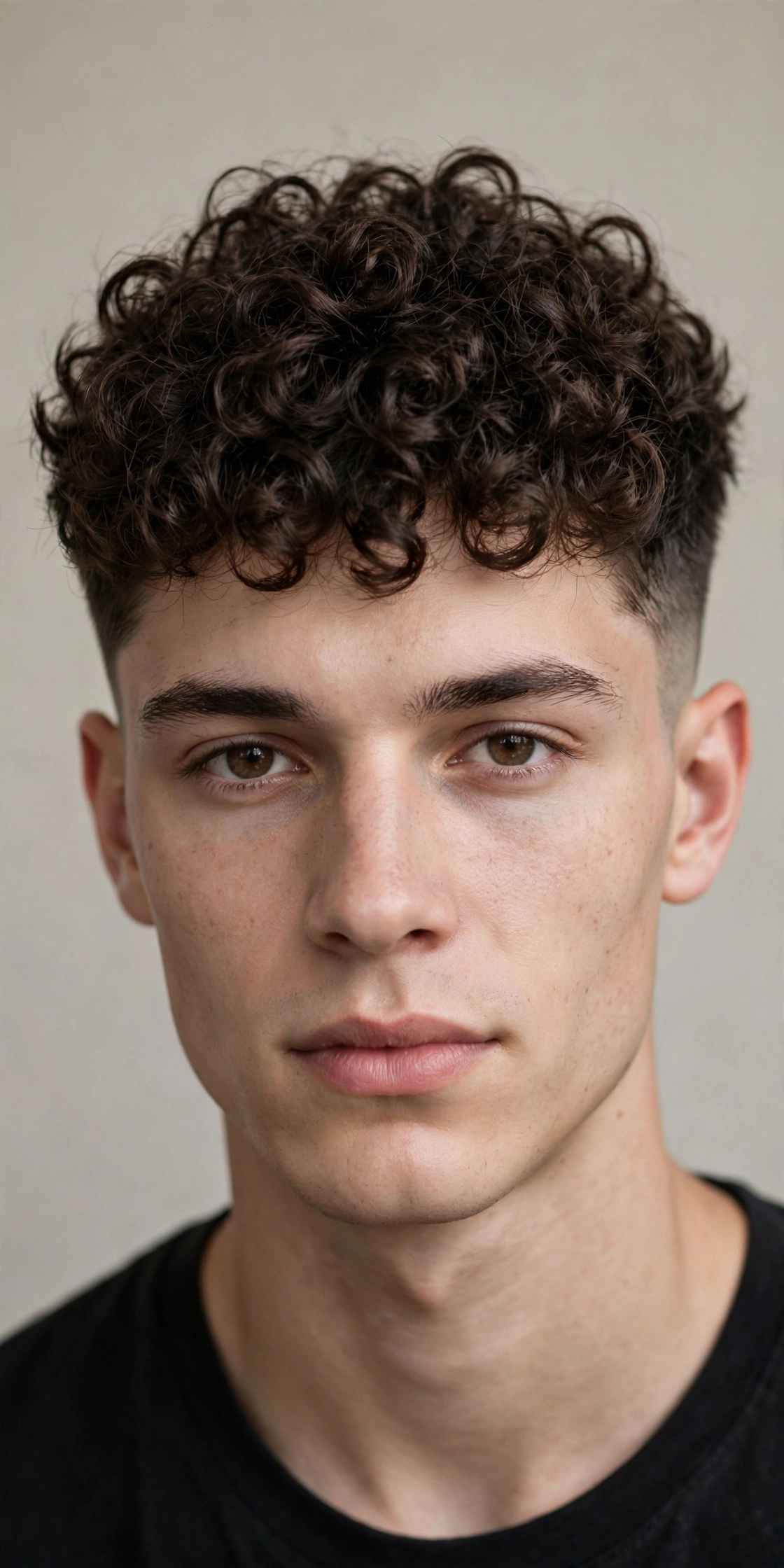 young man with neat broccoli cut in soft studio light, textured curls on top