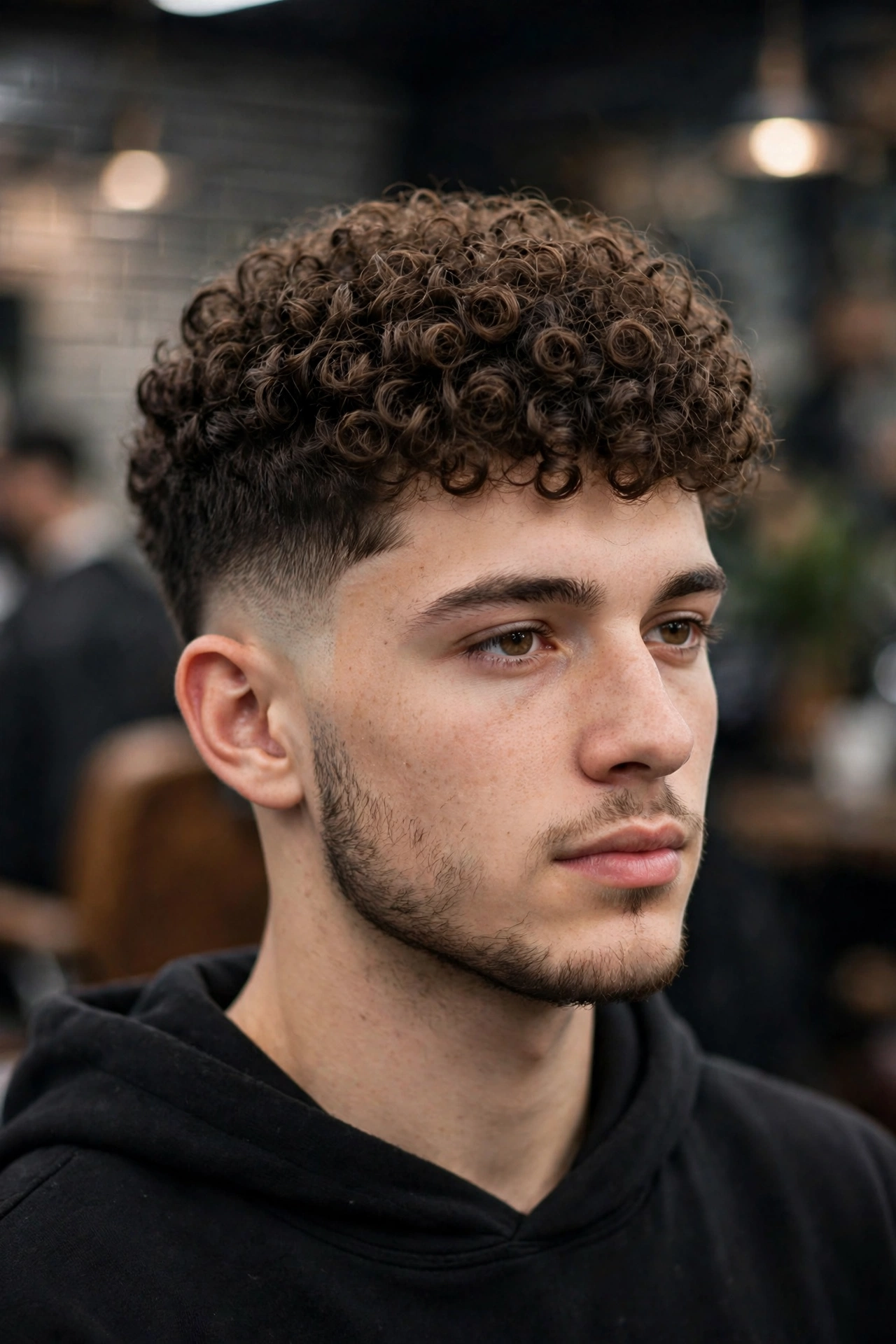 young man with fresh broccoli cut and clean neckline trim in a barbershop