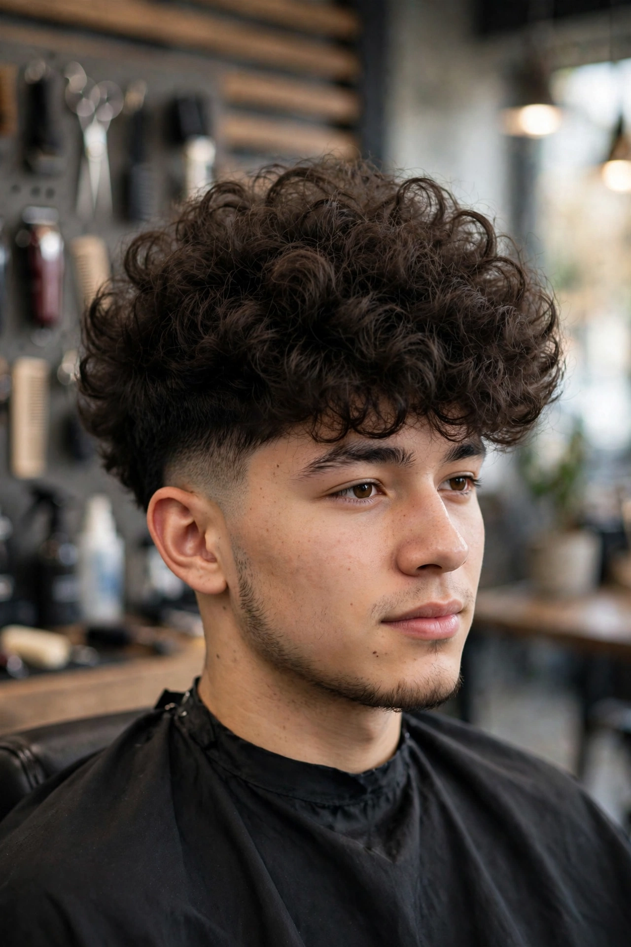 young man with a broccoli haircut seated in a modern barbershop