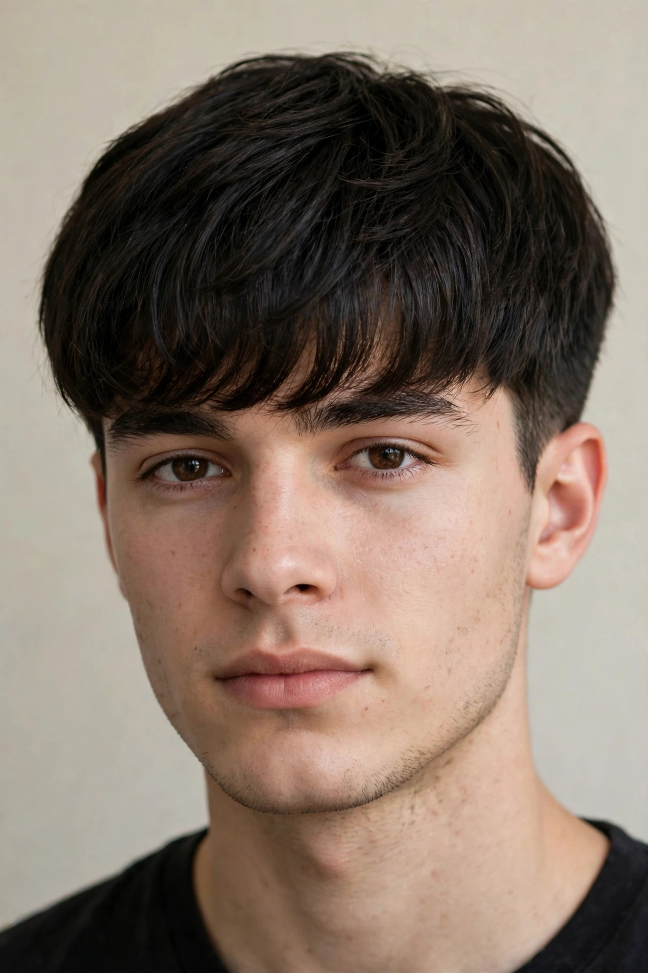 young man with straight dark hair brushed forward in a broccoli-style fringe, tapered sides