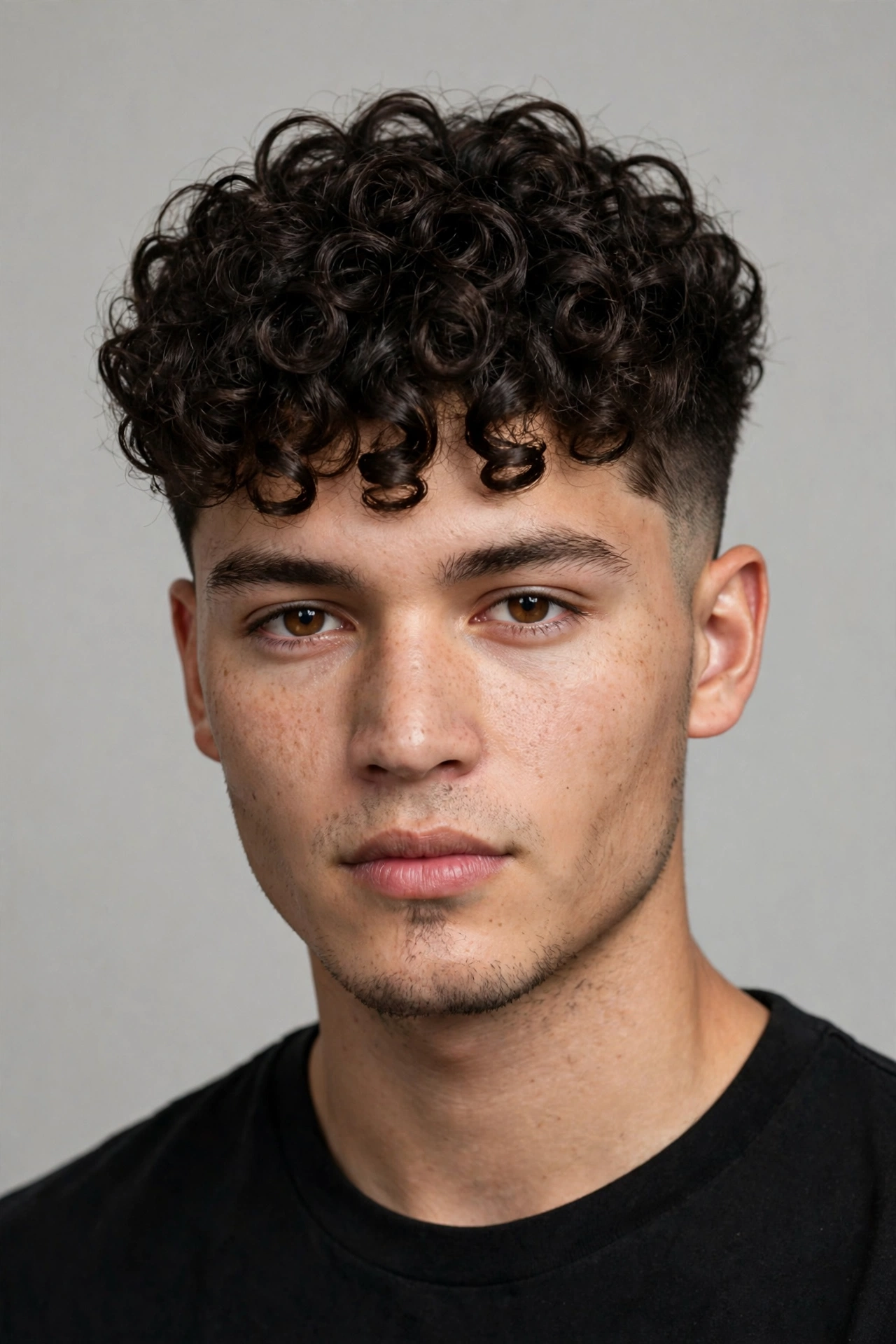 young man with defined perm curls in a broccoli cut, springy ringlets, faded sides