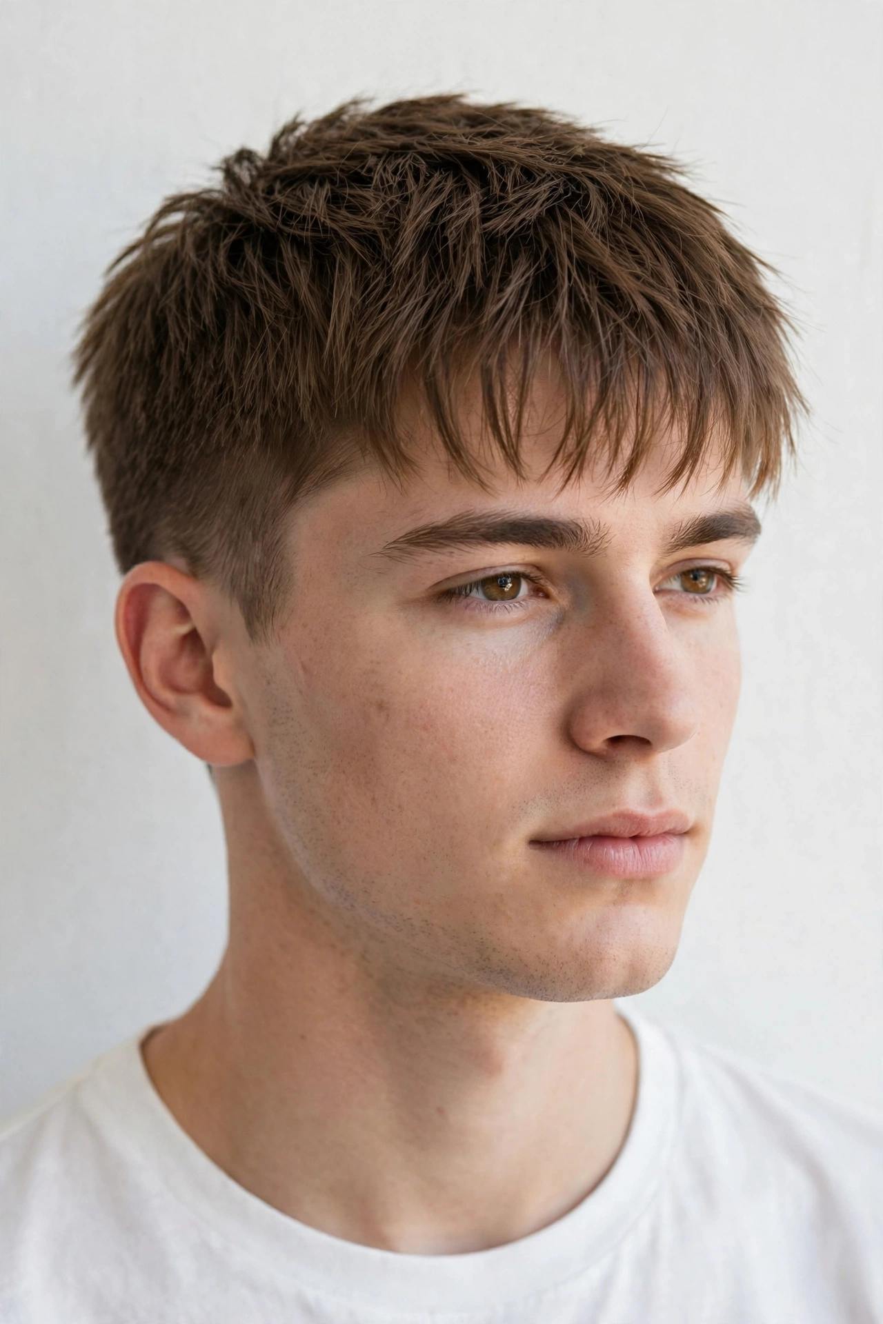 young man with fine straight hair in a short textured broccoli style, light fringe, low taper