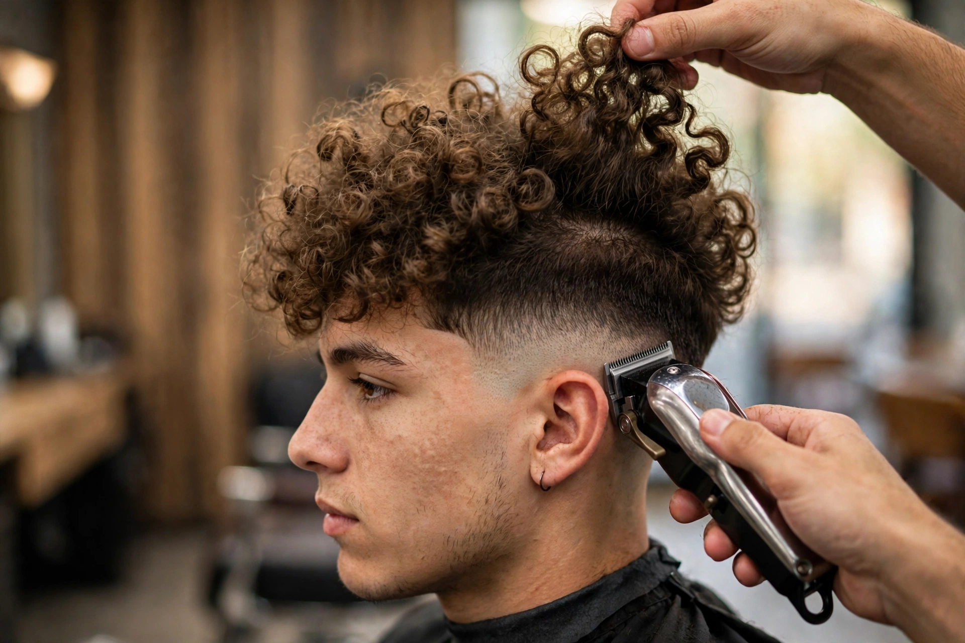 barber's clippers fading the side of a young man's head, broccoli top held up