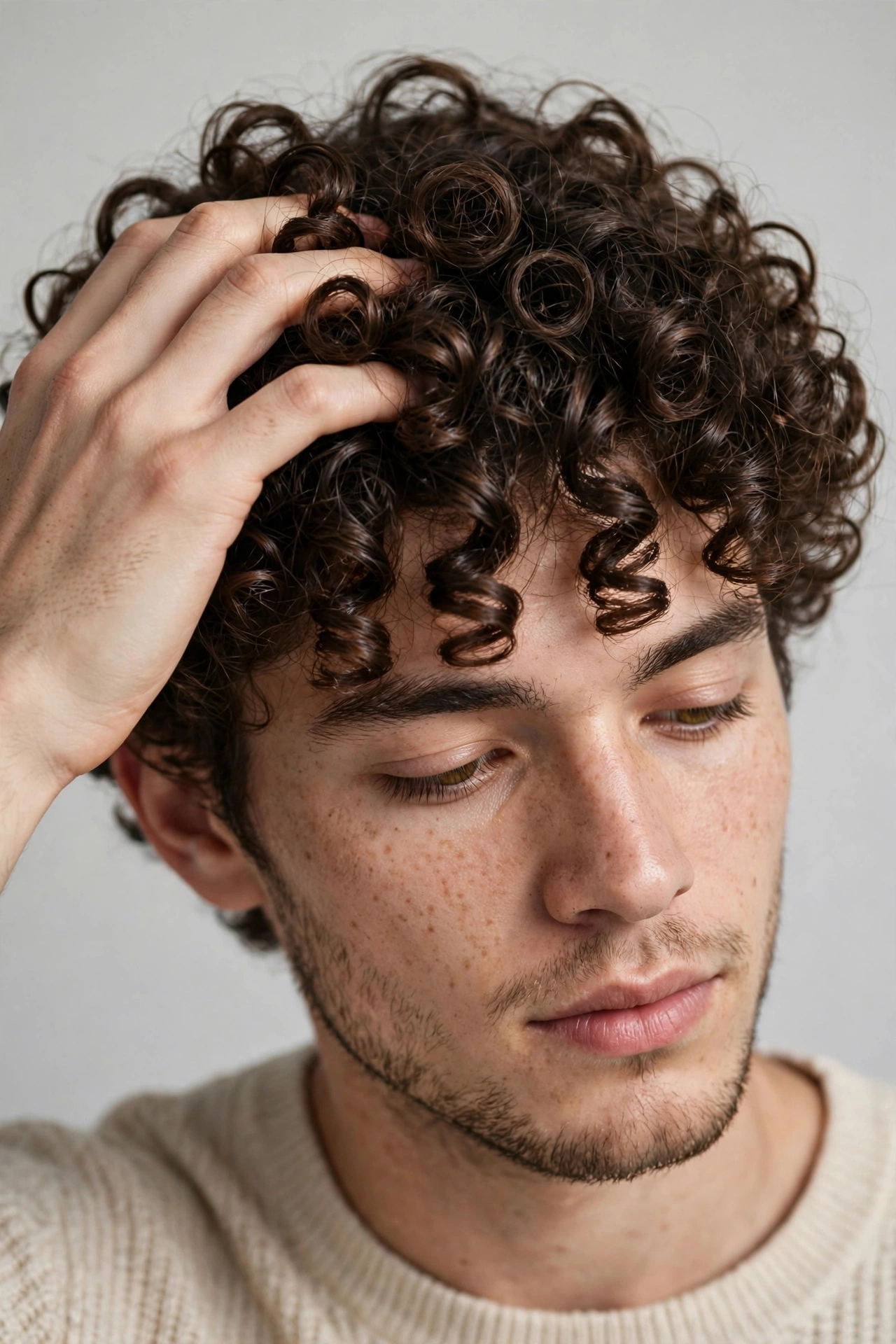young man running fingers through healthy shiny broccoli curls in soft studio light