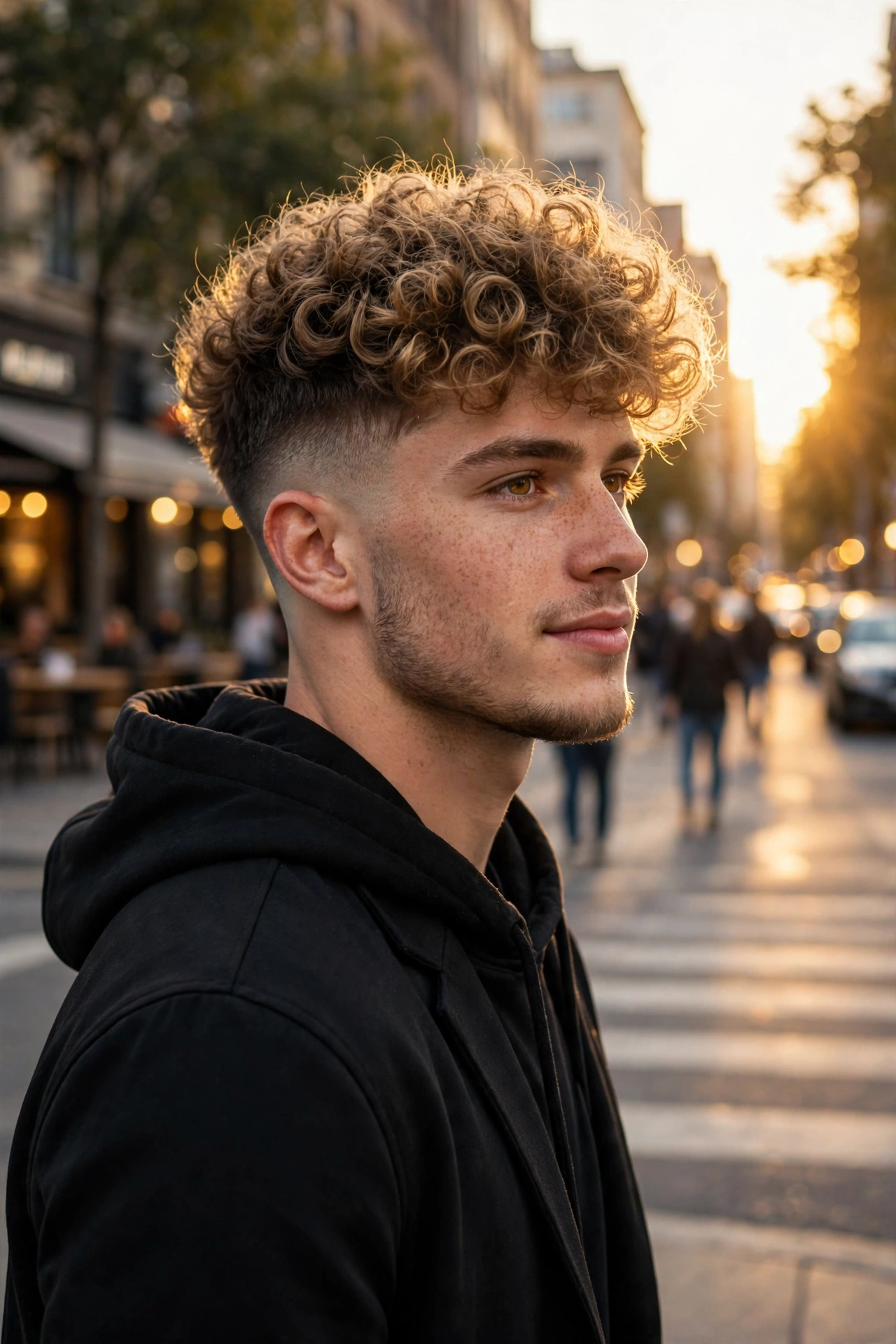 confident young man with perfectly styled fluffy broccoli cut walking outdoors in golden light