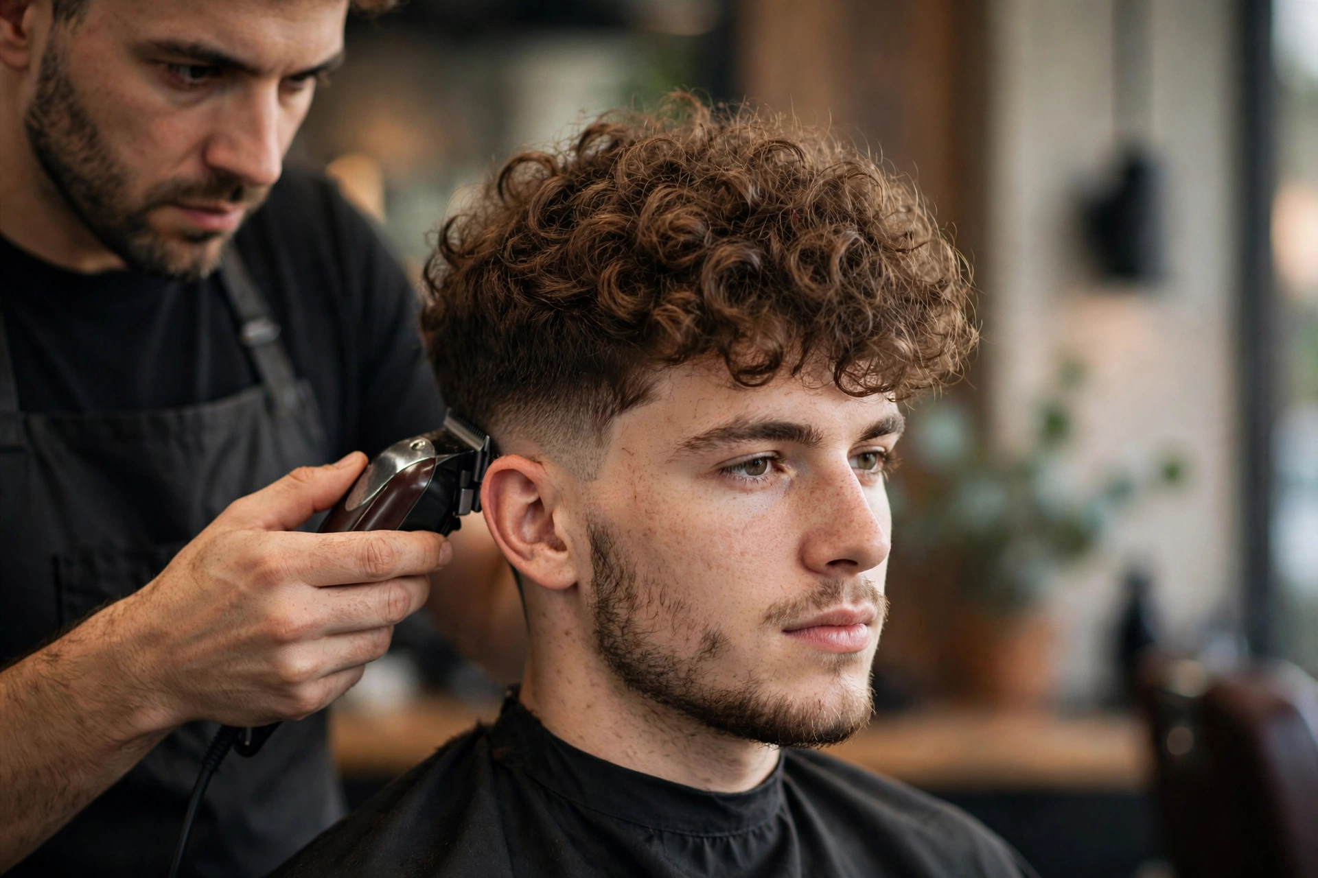 barber trimming faded sides with clippers while fluffy broccoli curls stay long on top