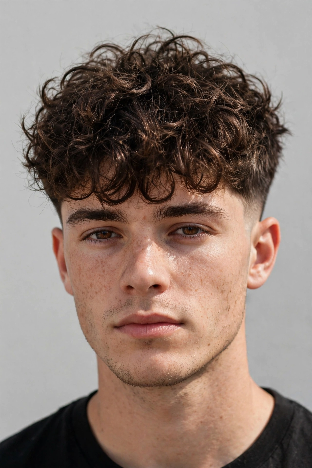 young man with the classic zoomer broccoli cut, thick messy curls forward, mid fade sides