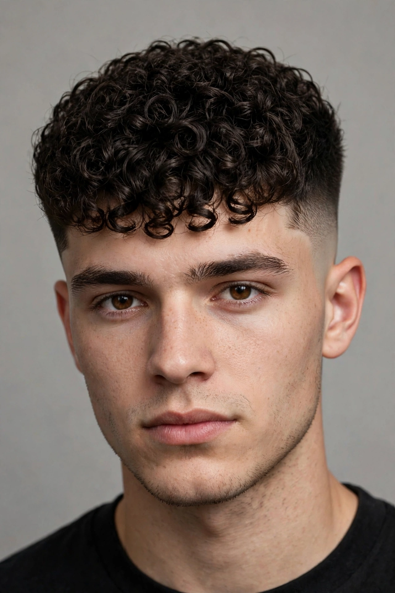 young man with broccoli cut and high skin fade, tight curly top, crisp fade line