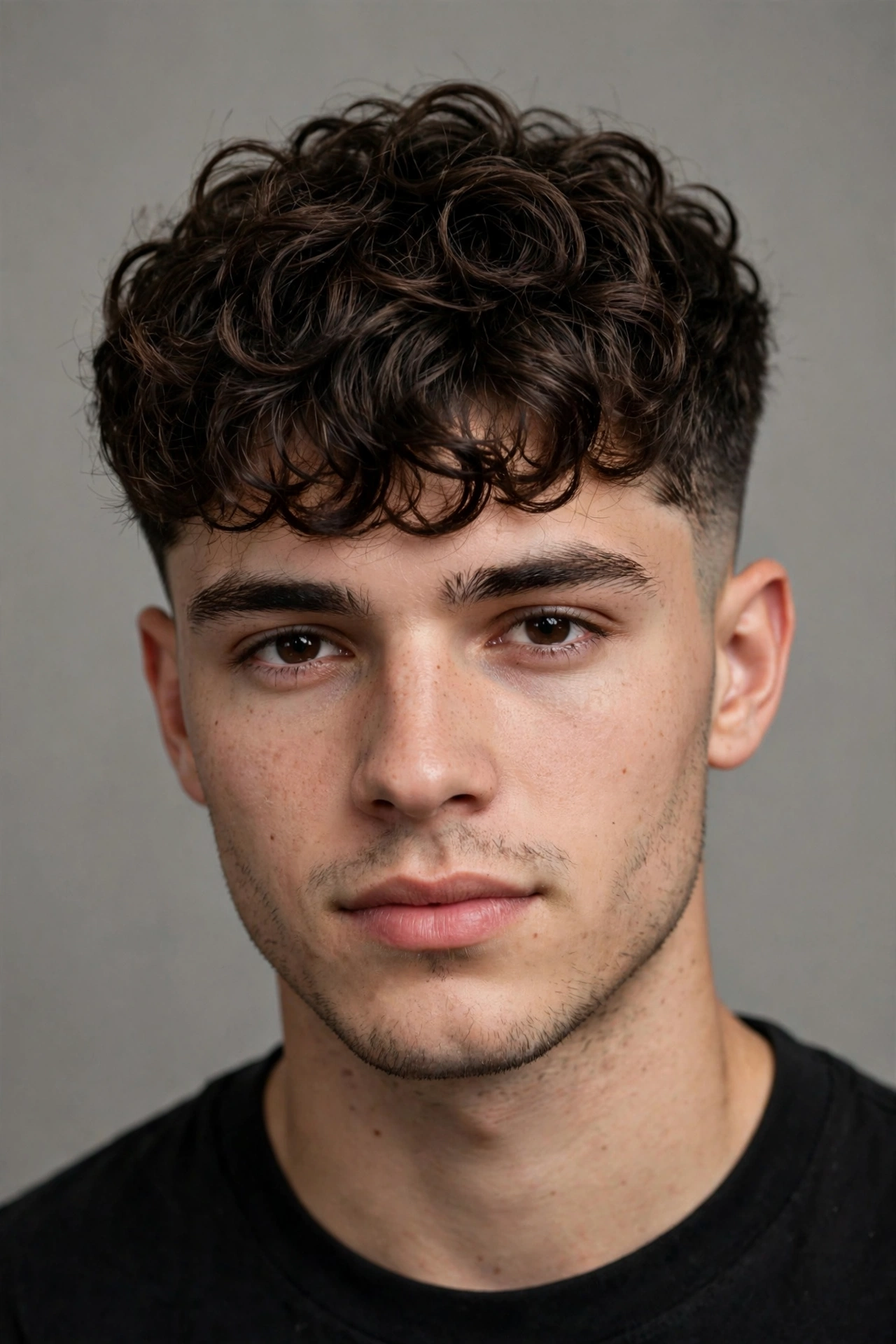 young man with textured broccoli cut and mid fade, defined separated curls pushed forward