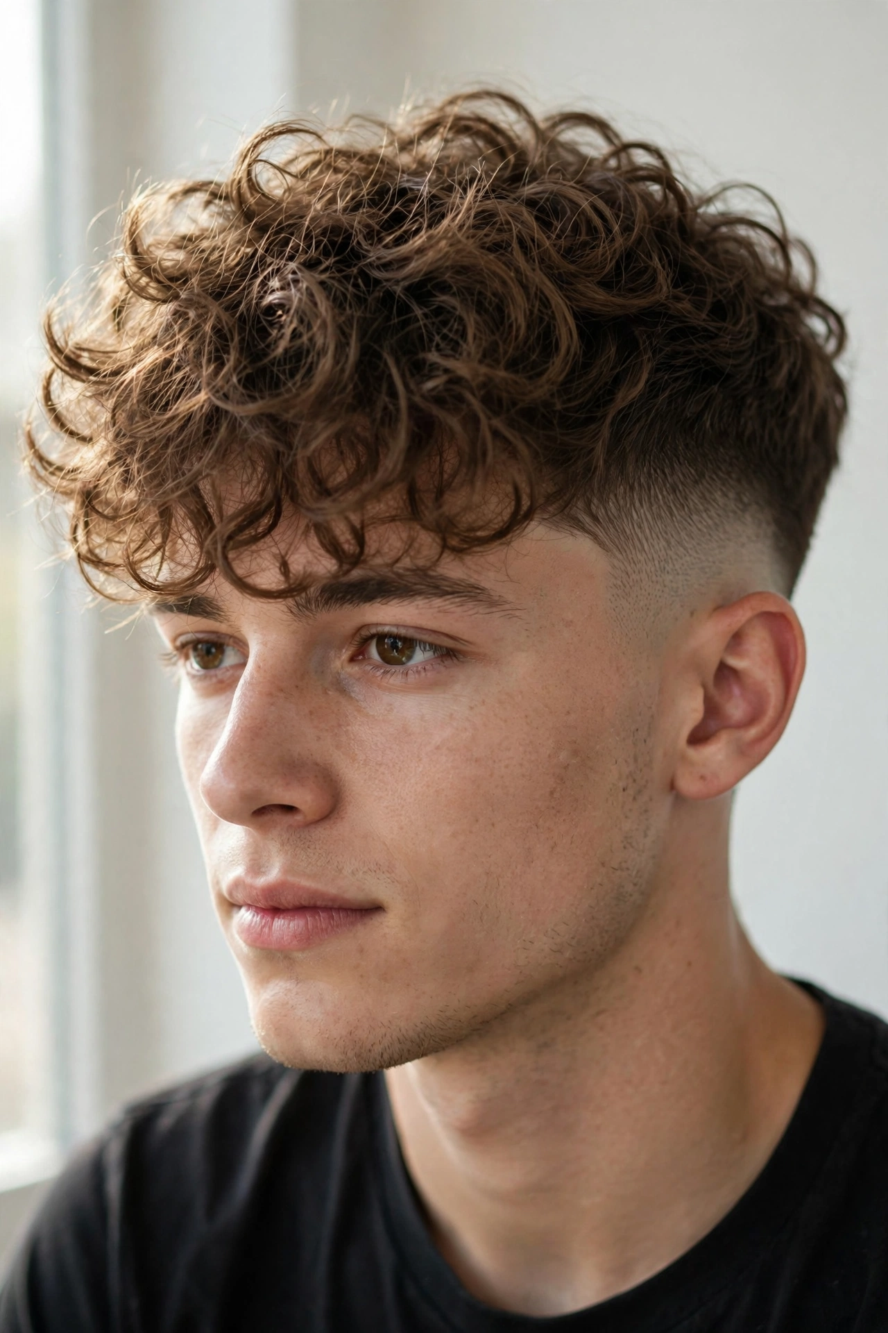 young man with short broccoli cut and low taper, fluffy curls on top falling over forehead