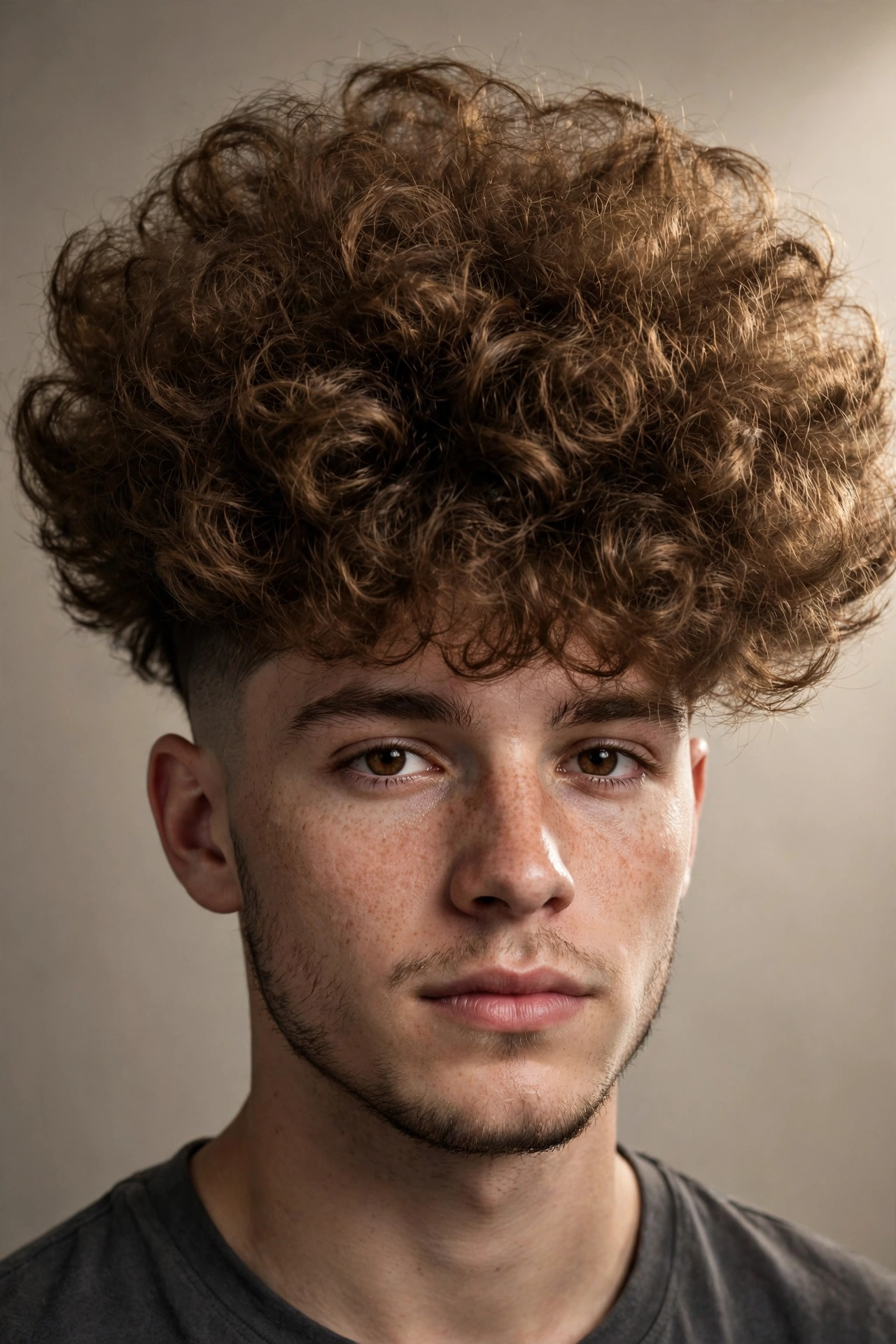 young man with extra voluminous fluffy broccoli cut, big rounded curly top, short sides