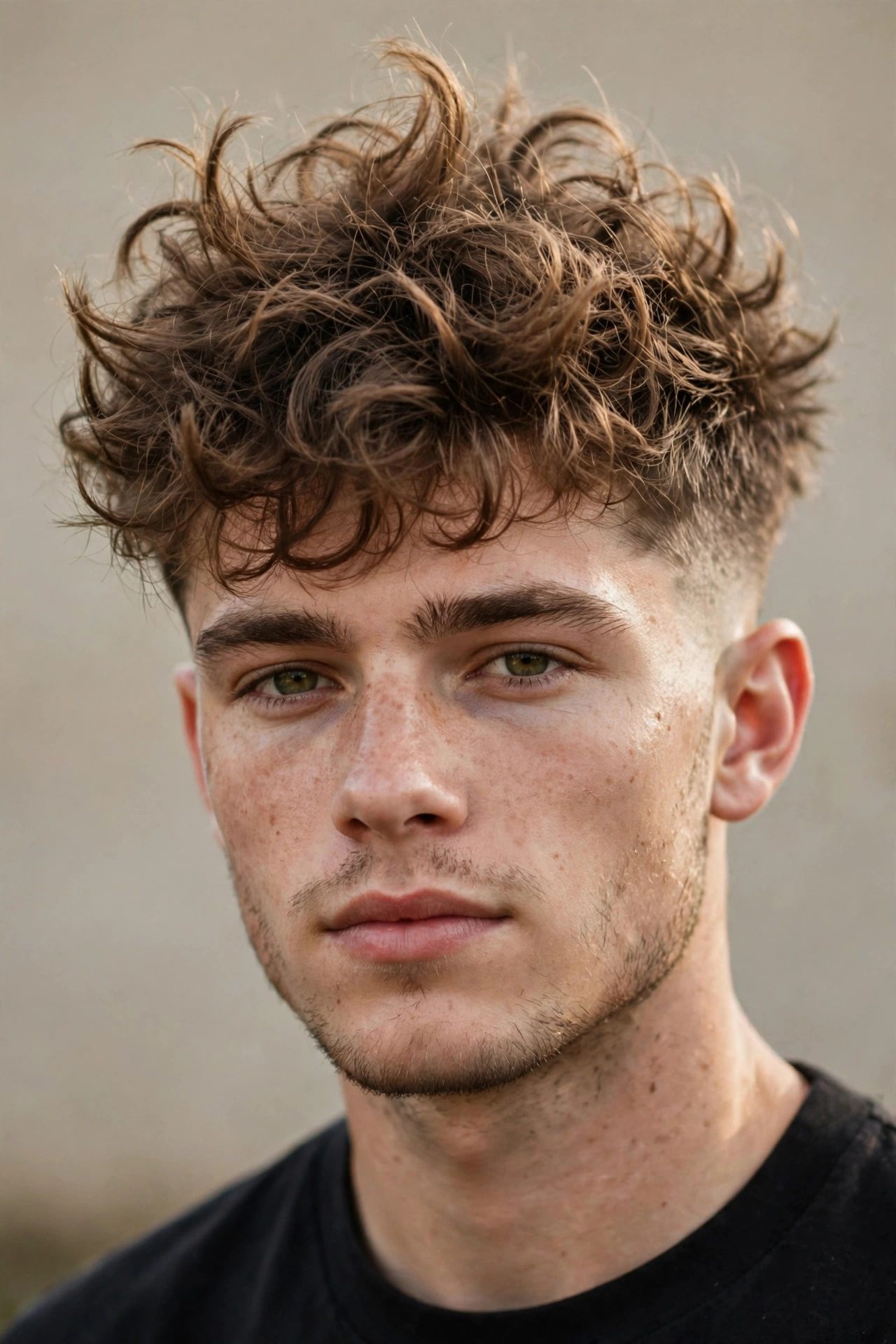 young man with messy bird's nest broccoli, tousled curls sticking up naturally, faded sides