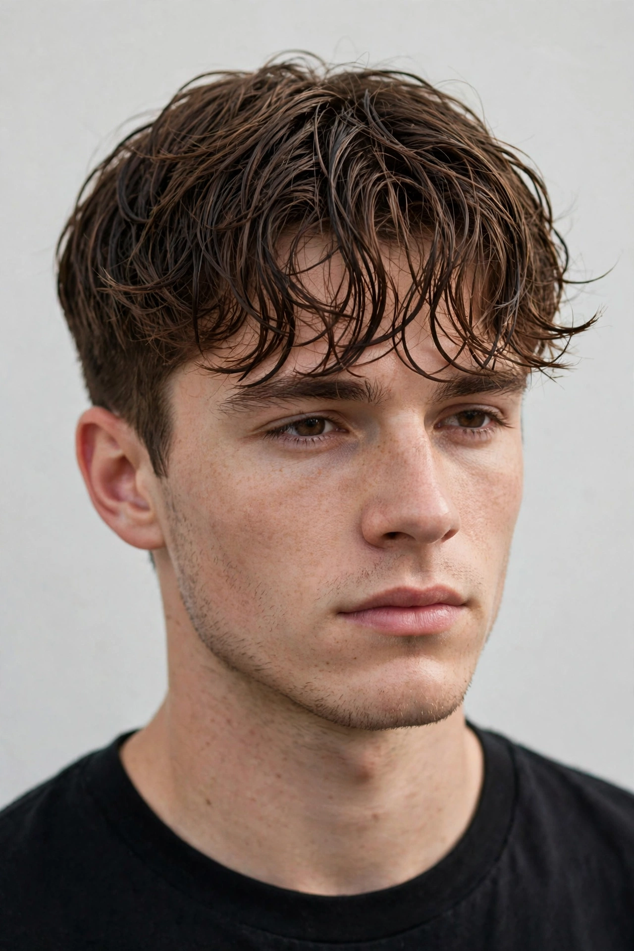 young man with wet mop broccoli style, damp loose waves brushed forward, tapered sides