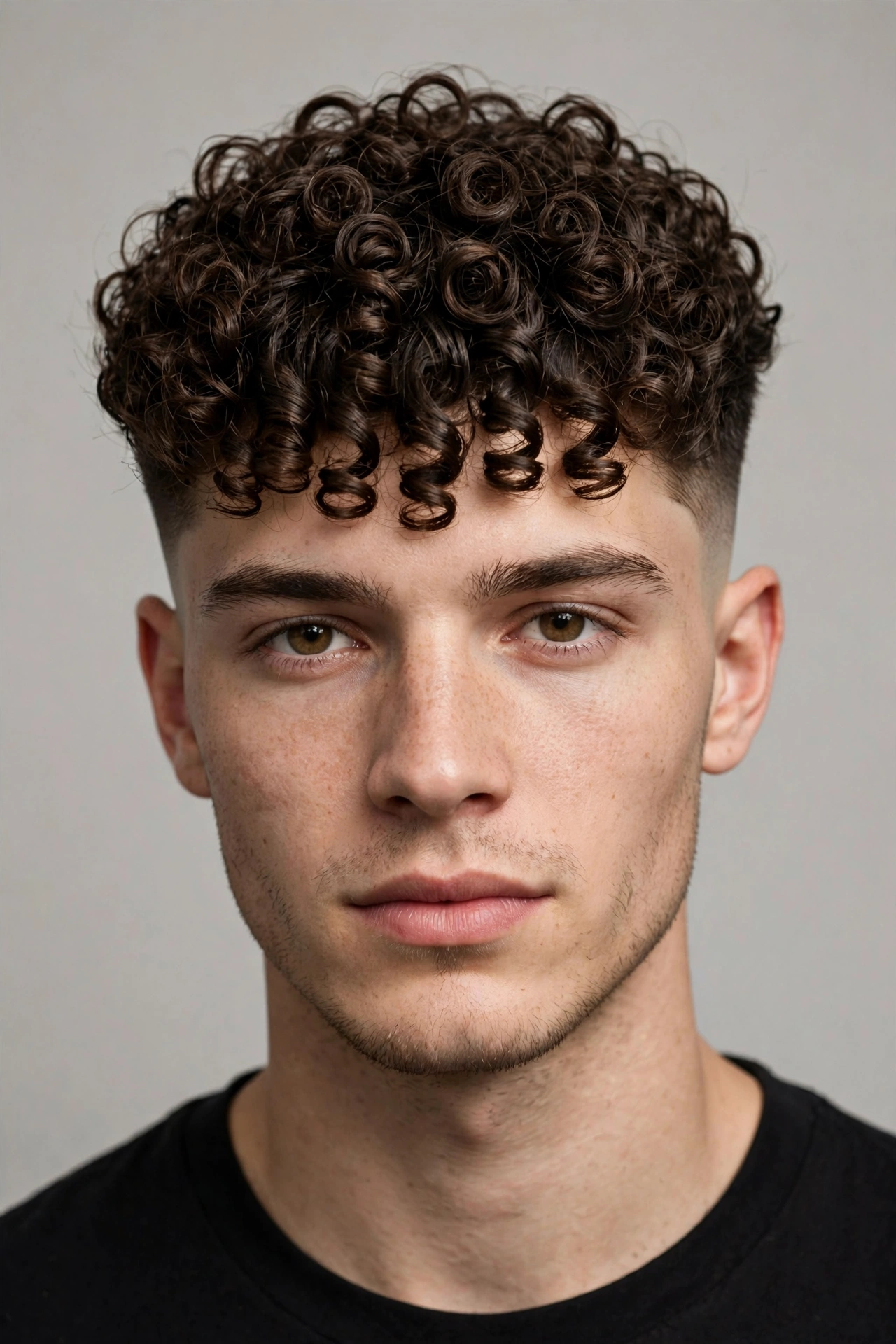 young man with tight spiral broccoli perm, defined springy ringlets, mid fade sides