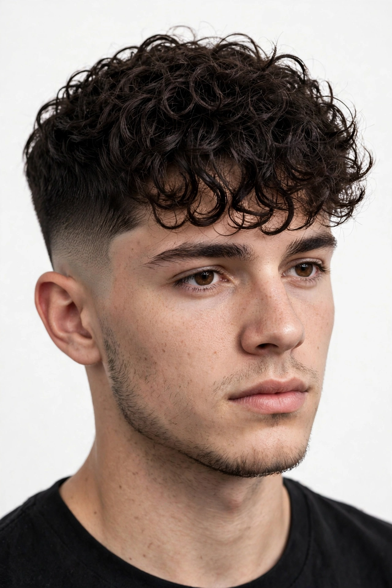 young man with broccoli cut and drop fade following head contour, curly top forward
