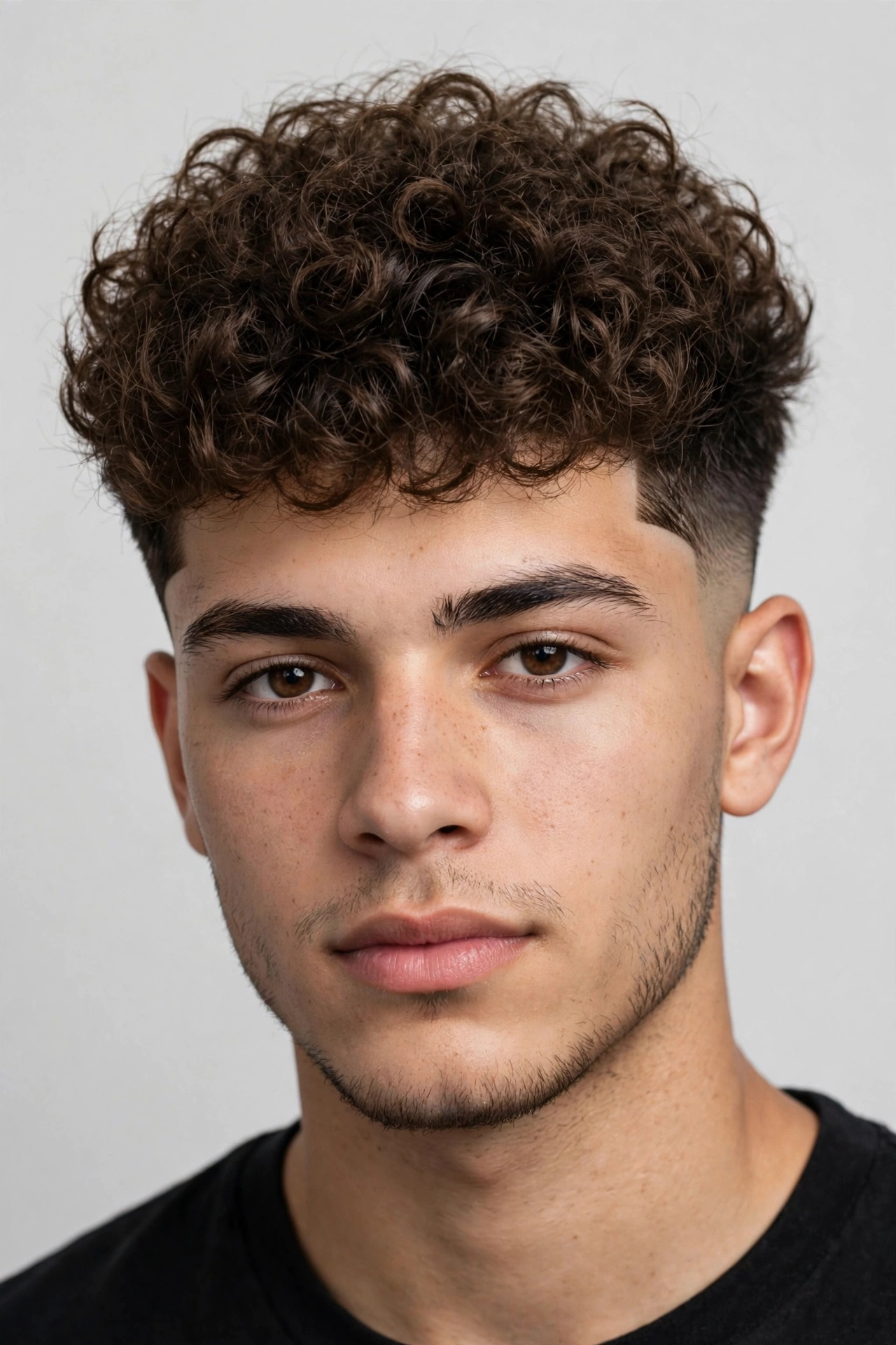 young man with broccoli cut and razor-sharp line up, fluffy curls on top, low fade sides