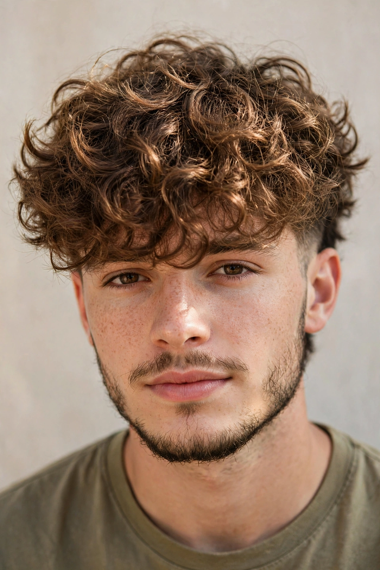 young man with longer fluffy broccoli top, extended curls forward past forehead, faded sides