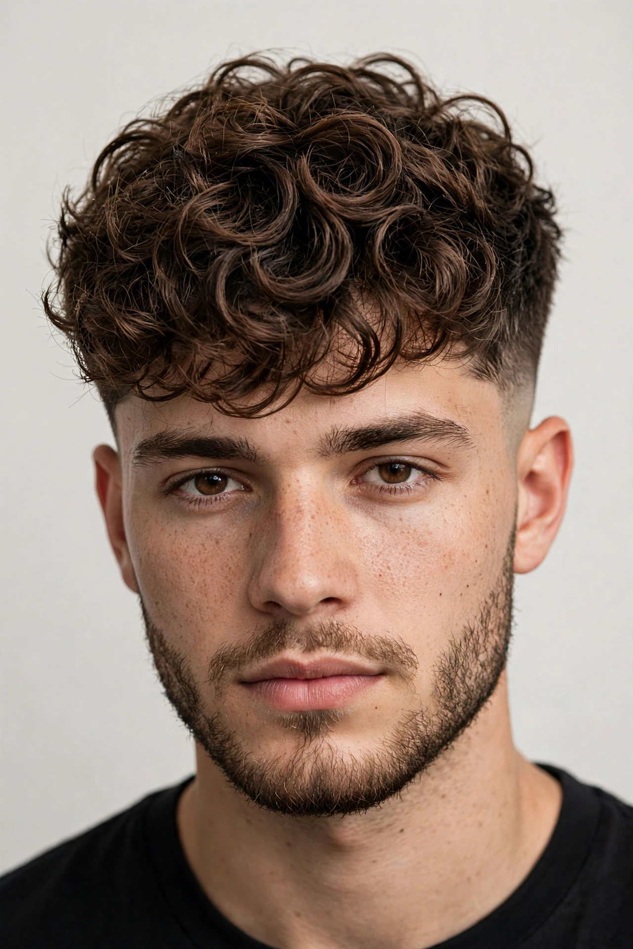 young man with broccoli cut and neat short beard, curly top forward, faded sides connecting to beard