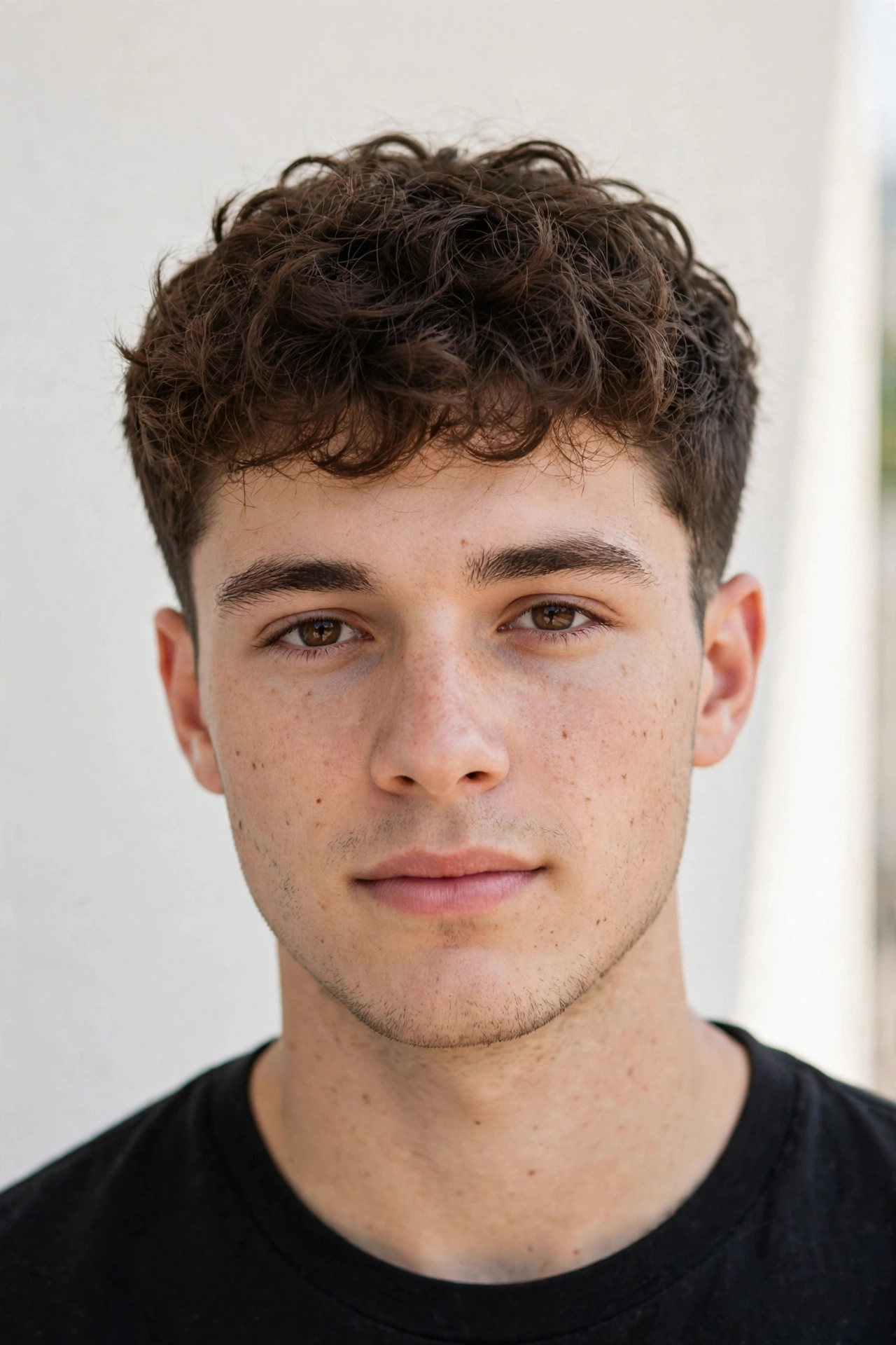young man with subtle everyday broccoli cut, shorter softer curls, gentle taper sides