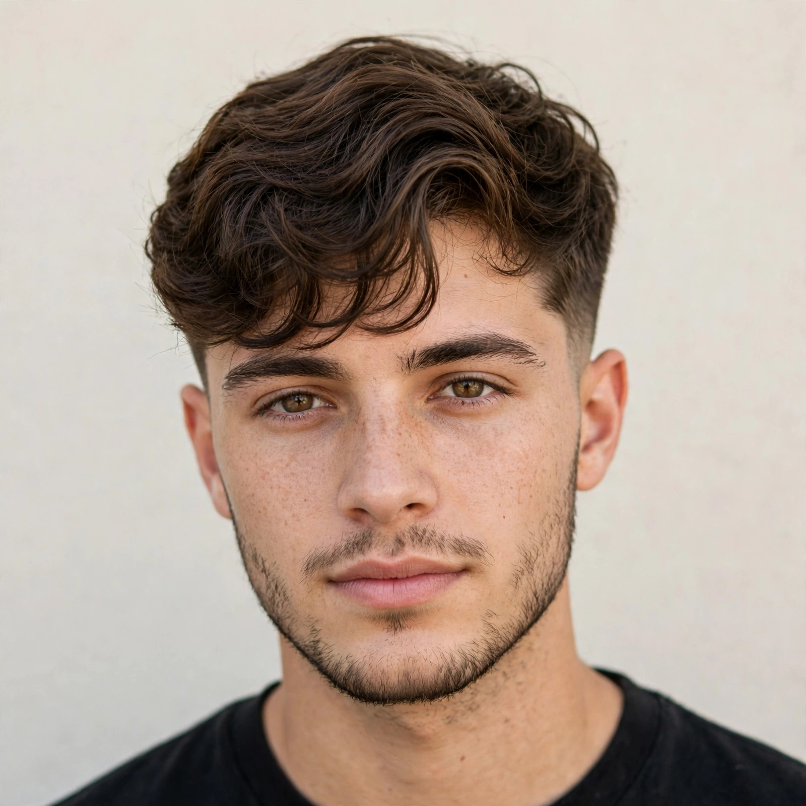 young man with wavy broccoli cut, natural loose waves brushed forward, tapered sides