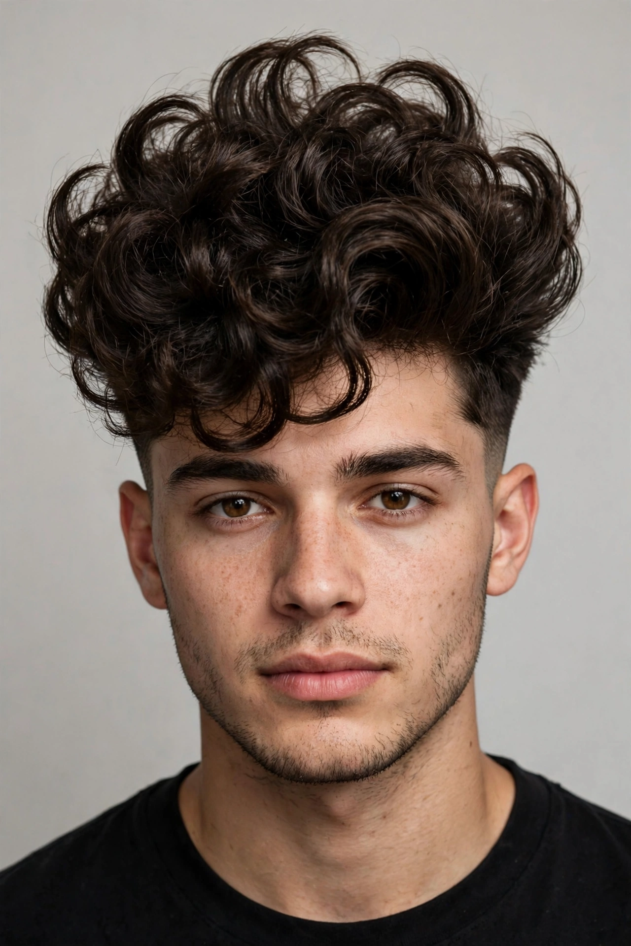 young man with broccoli blowout, big lifted voluminous curls styled upward and forward