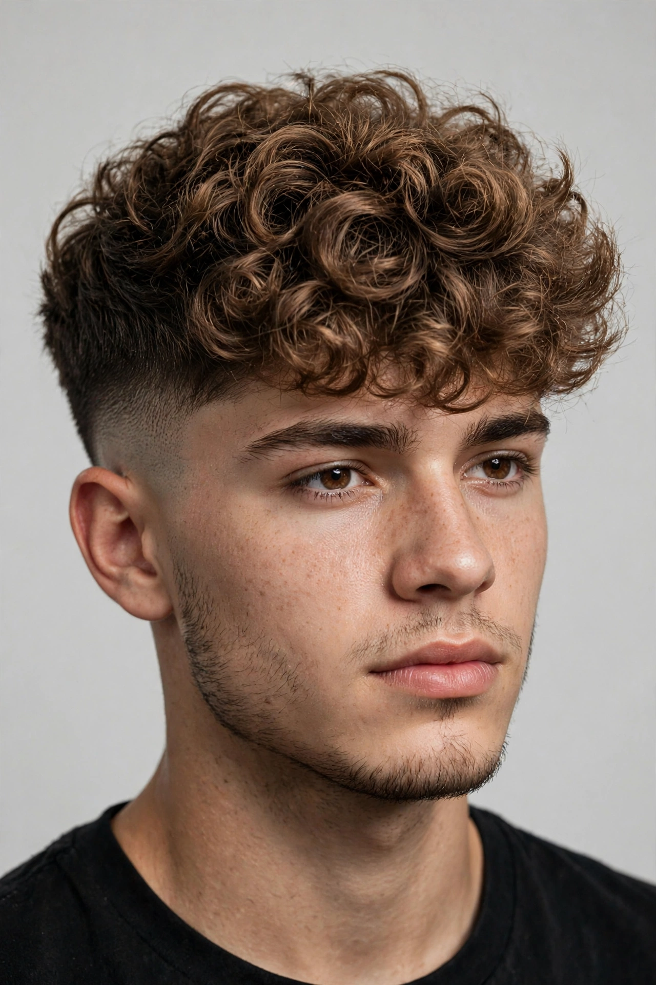 young man with broccoli cut and burst fade curving around the ear, fluffy curly top