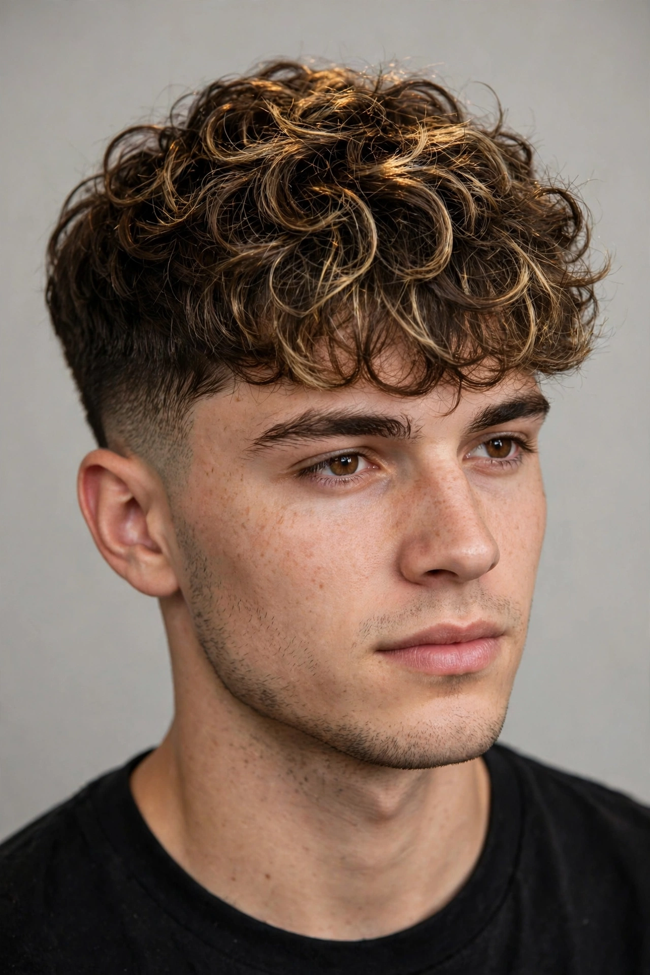 young man with highlighted broccoli cut, sun-kissed highlights in textured curls, faded sides